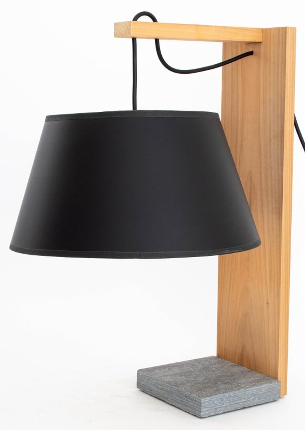 Contemporary Cherry wood and Slate Table Lamp with a flared black fabric shade. 21