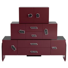 Contemporary Chest of Drawers Dark Red, Bordeaux Lacquer, Nero Marquina Handles