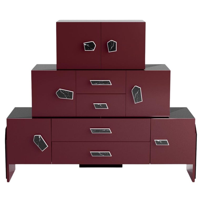 Contemporary Chest of Drawers Dark Red, Bordeaux Lacquer, Nero Marquina  Handles For Sale at 1stDibs