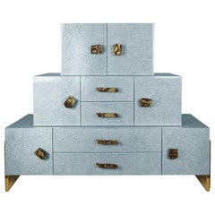 Contemporary Chest of Drawers in Blue Bird Eye Stained Wood Leaf & Brass Details