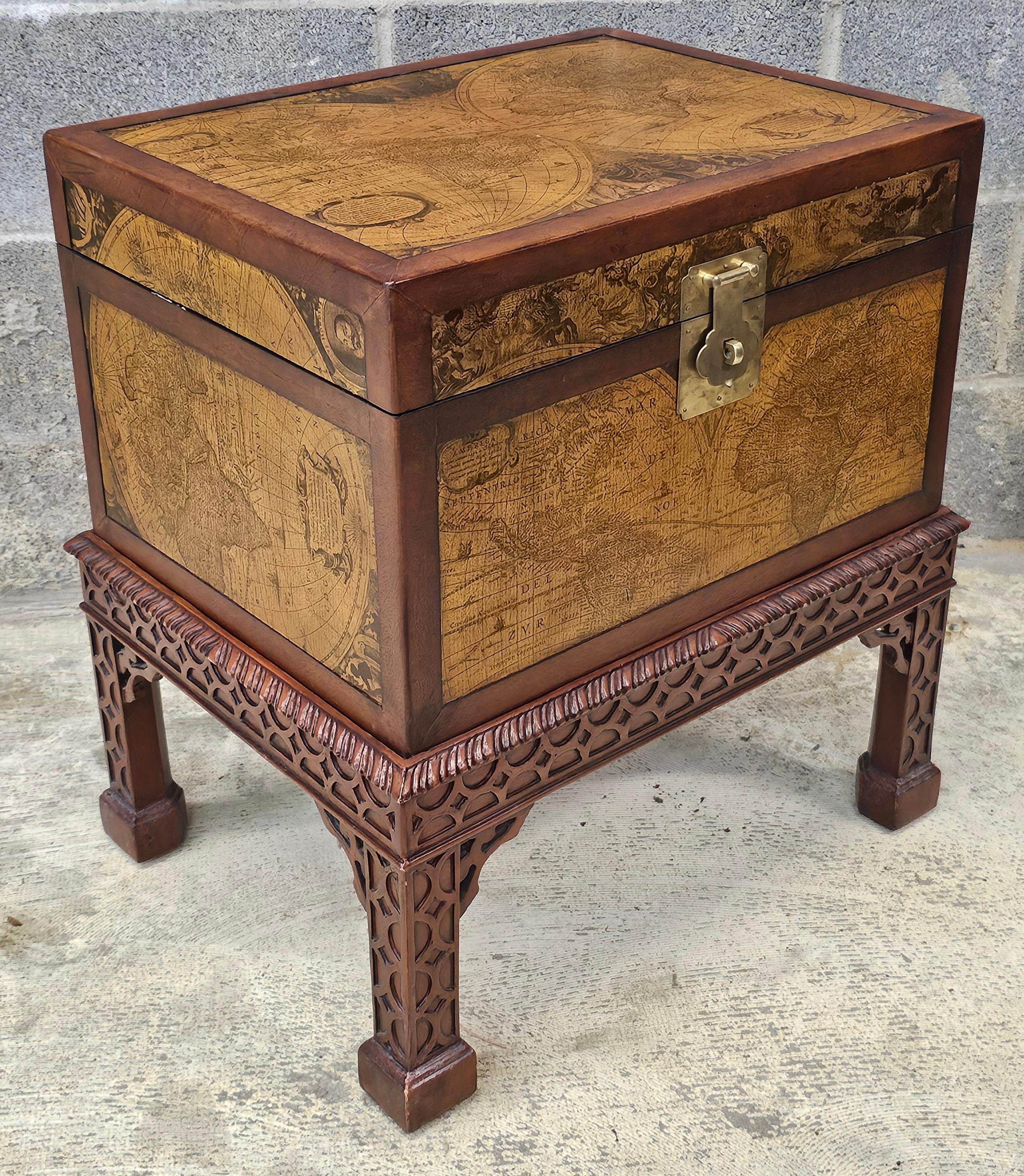 Unknown Contemporary Chest on Leather Decorated Carved Fretwork Mahogany Stand For Sale