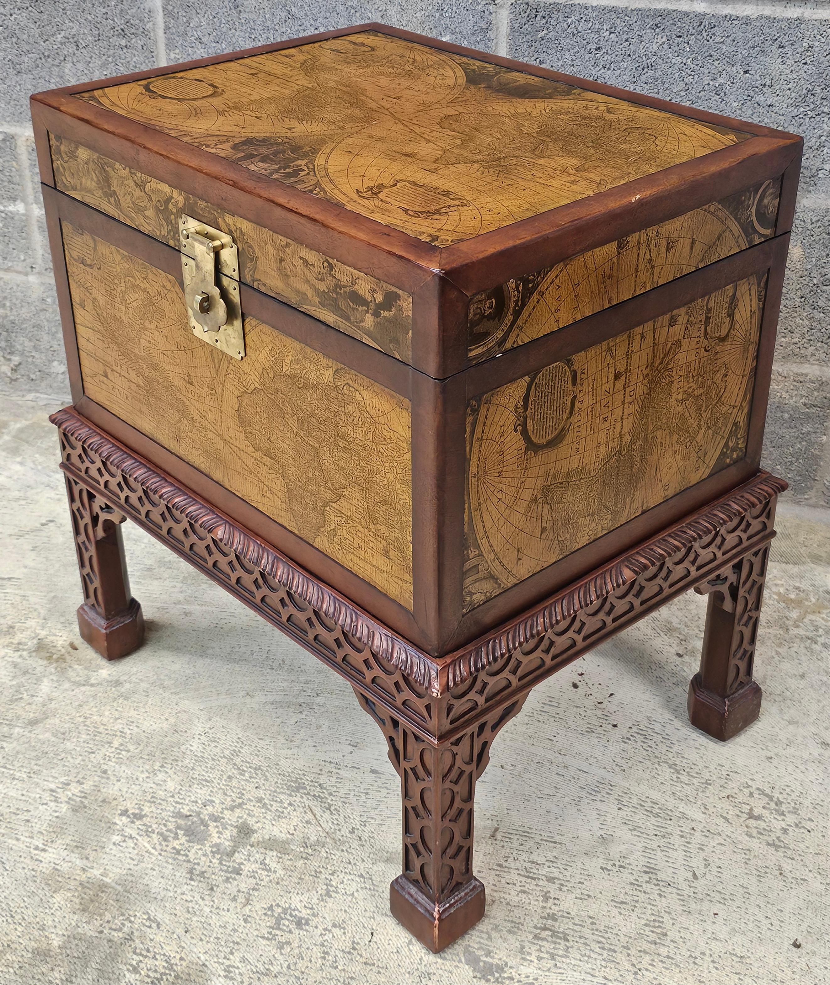 Other Contemporary Chest on Leather Decorated Carved Fretwork Mahogany Stand For Sale