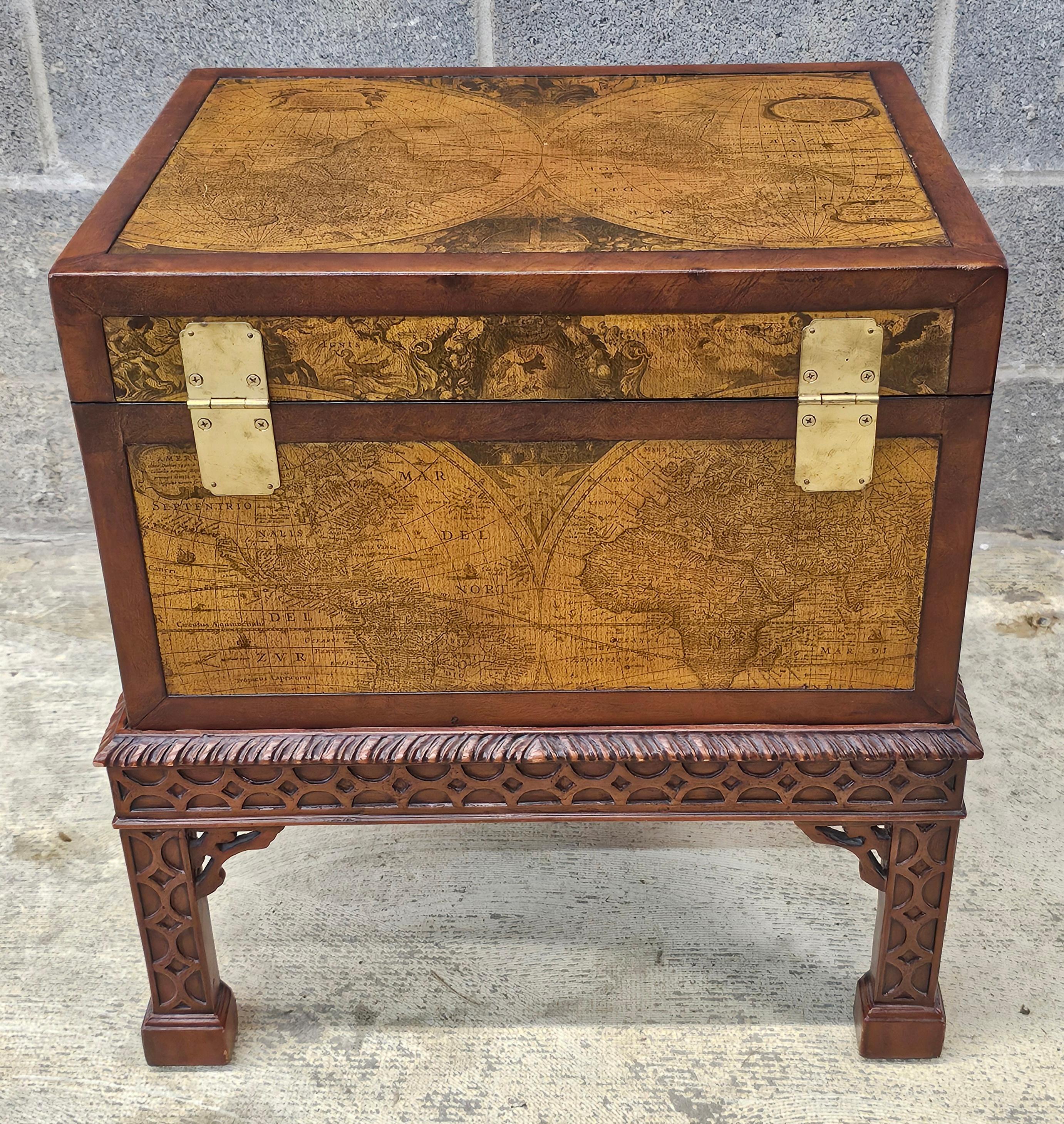 Contemporary Chest on Leather Decorated Carved Fretwork Mahogany Stand In Good Condition For Sale In Germantown, MD