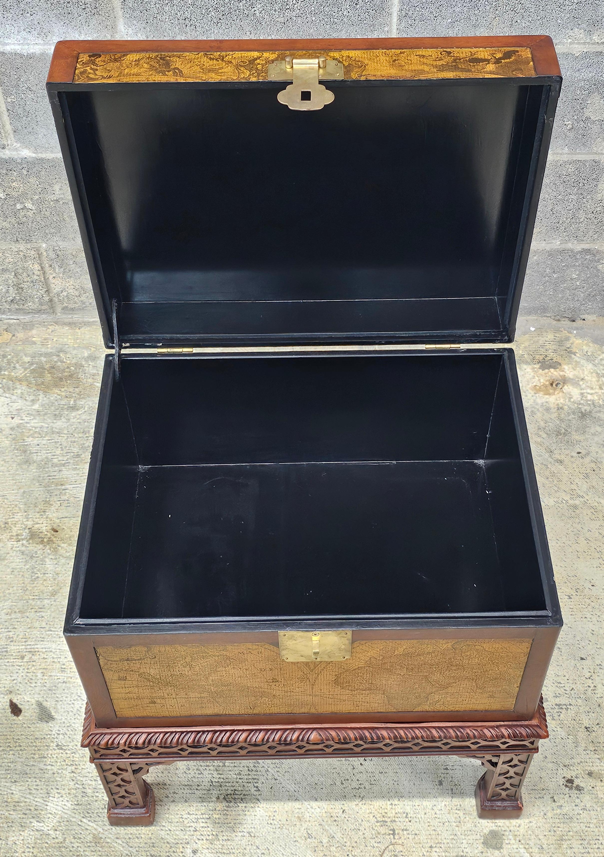 20th Century Contemporary Chest on Leather Decorated Carved Fretwork Mahogany Stand For Sale