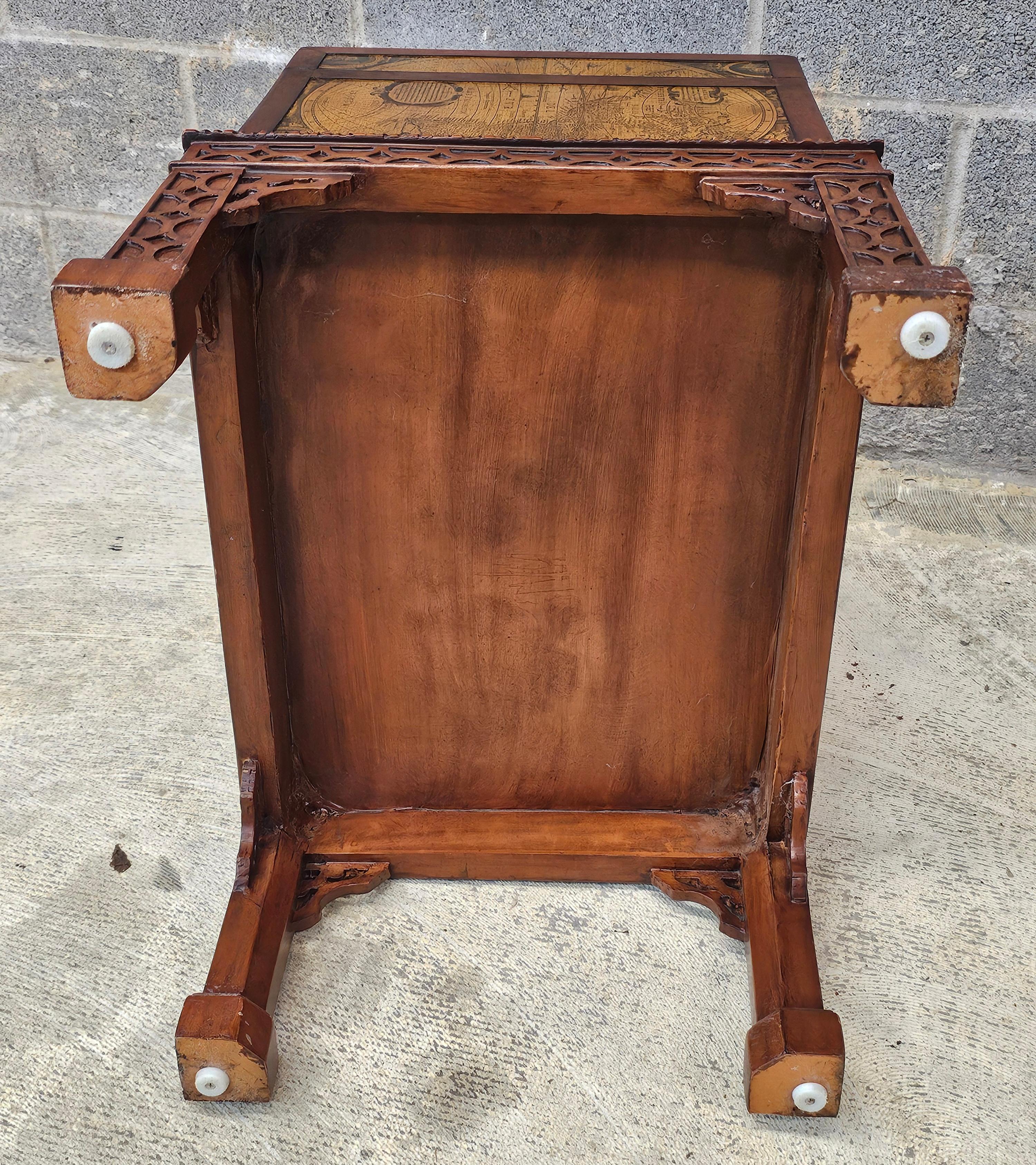 Faux Leather Contemporary Chest on Leather Decorated Carved Fretwork Mahogany Stand For Sale