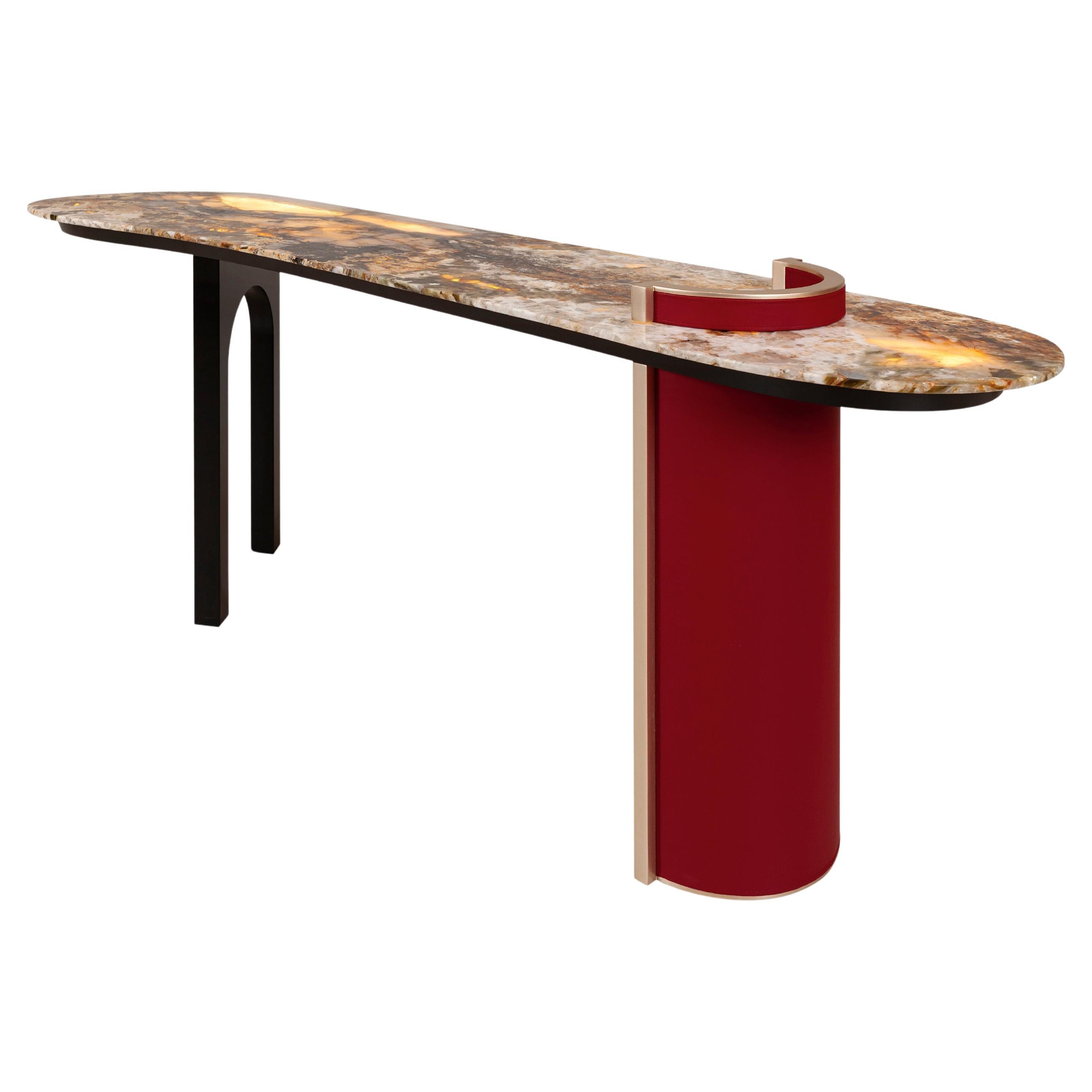 Table console contemporaine Chiado, cuir rouge, quartz, fait main Greenapple en vente