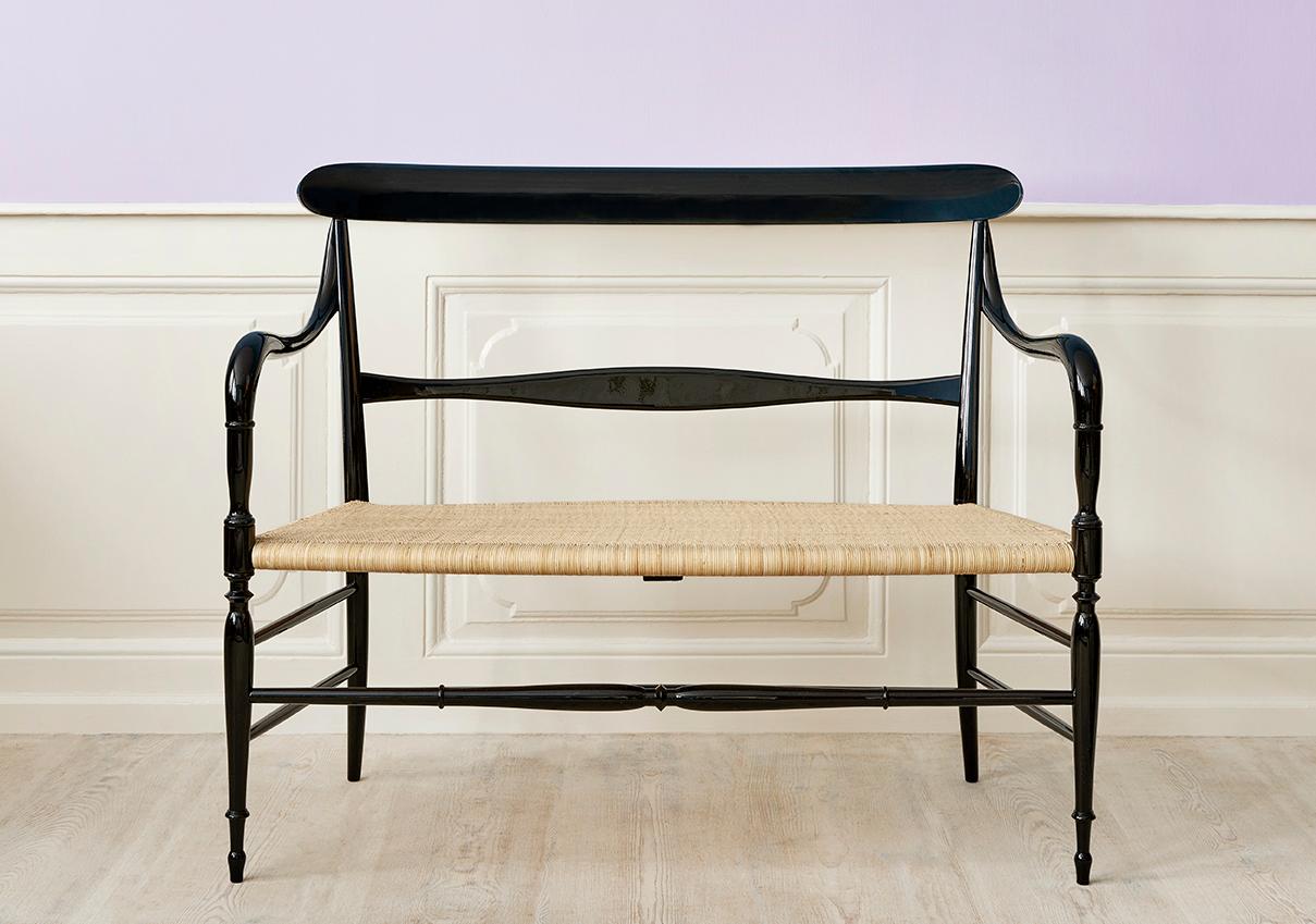 Italy, contemporary

Chiavari bench. Black lacquered wooden frame and cane seat.

H 88 x W 107 x D 50 cm
 