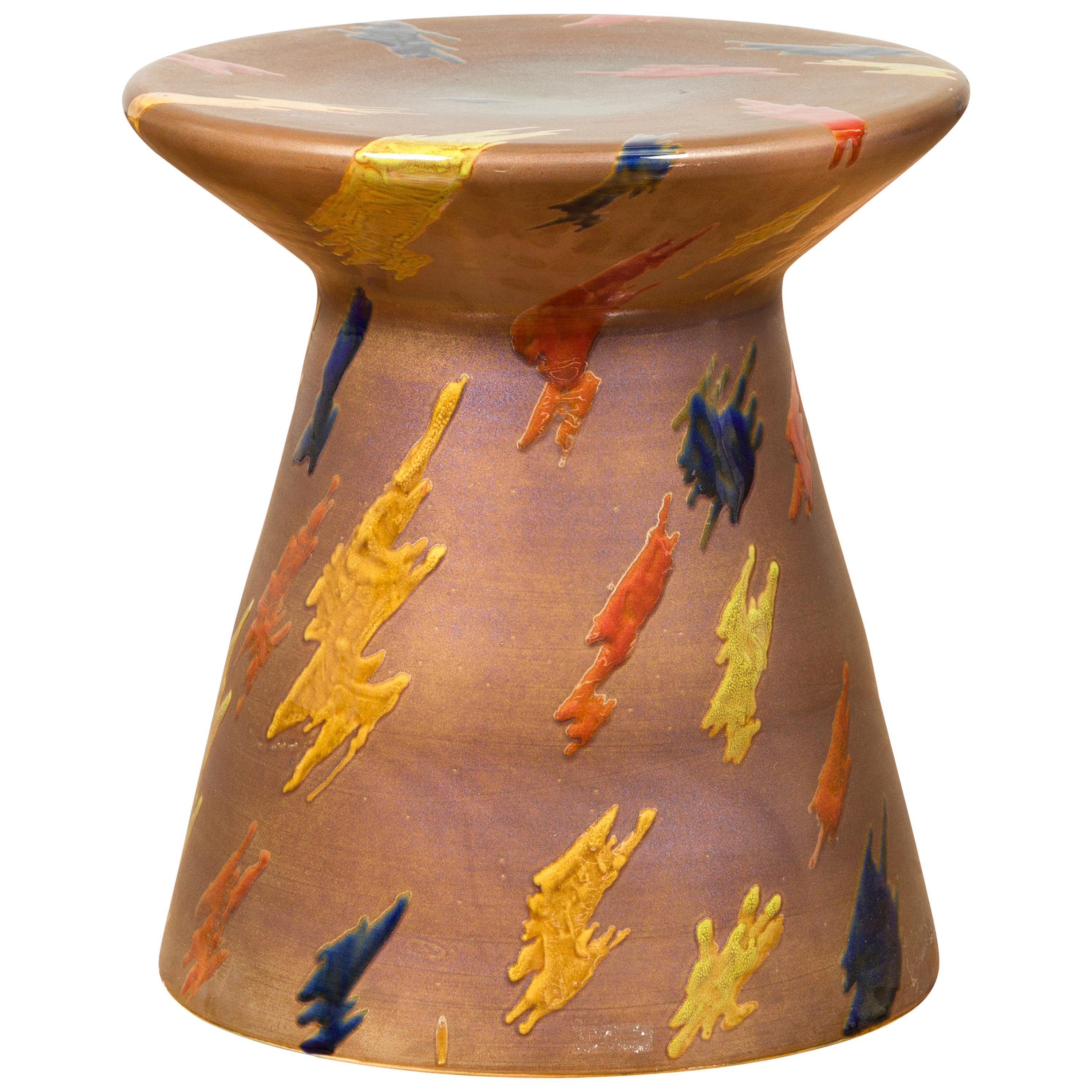 Artisan Glazed and Hand Painted Garden Seat with Orange, Yellow and Blue Accents For Sale