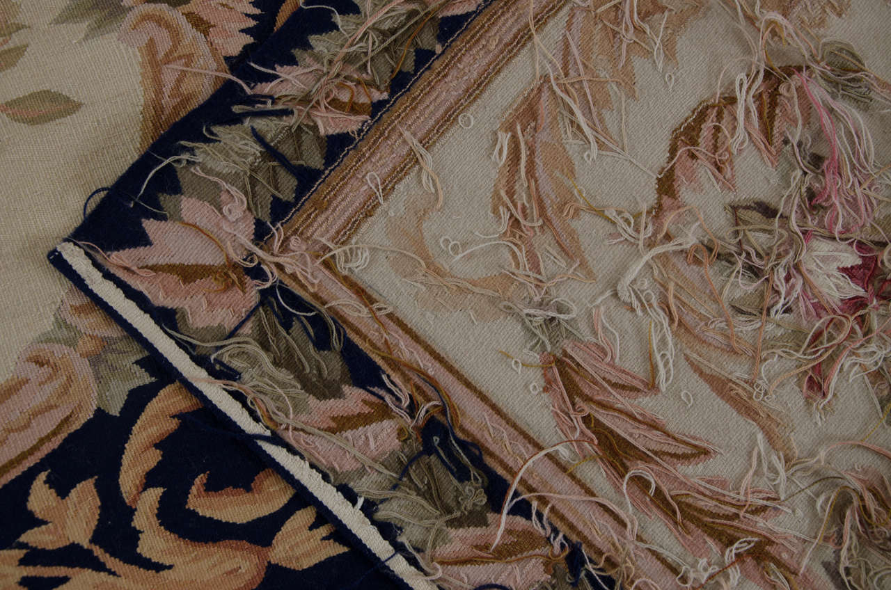 Late 20th Century Aubusson Rugs, Navy Floral Carpet, Handmade Livingroom Rug 183 X 274cm