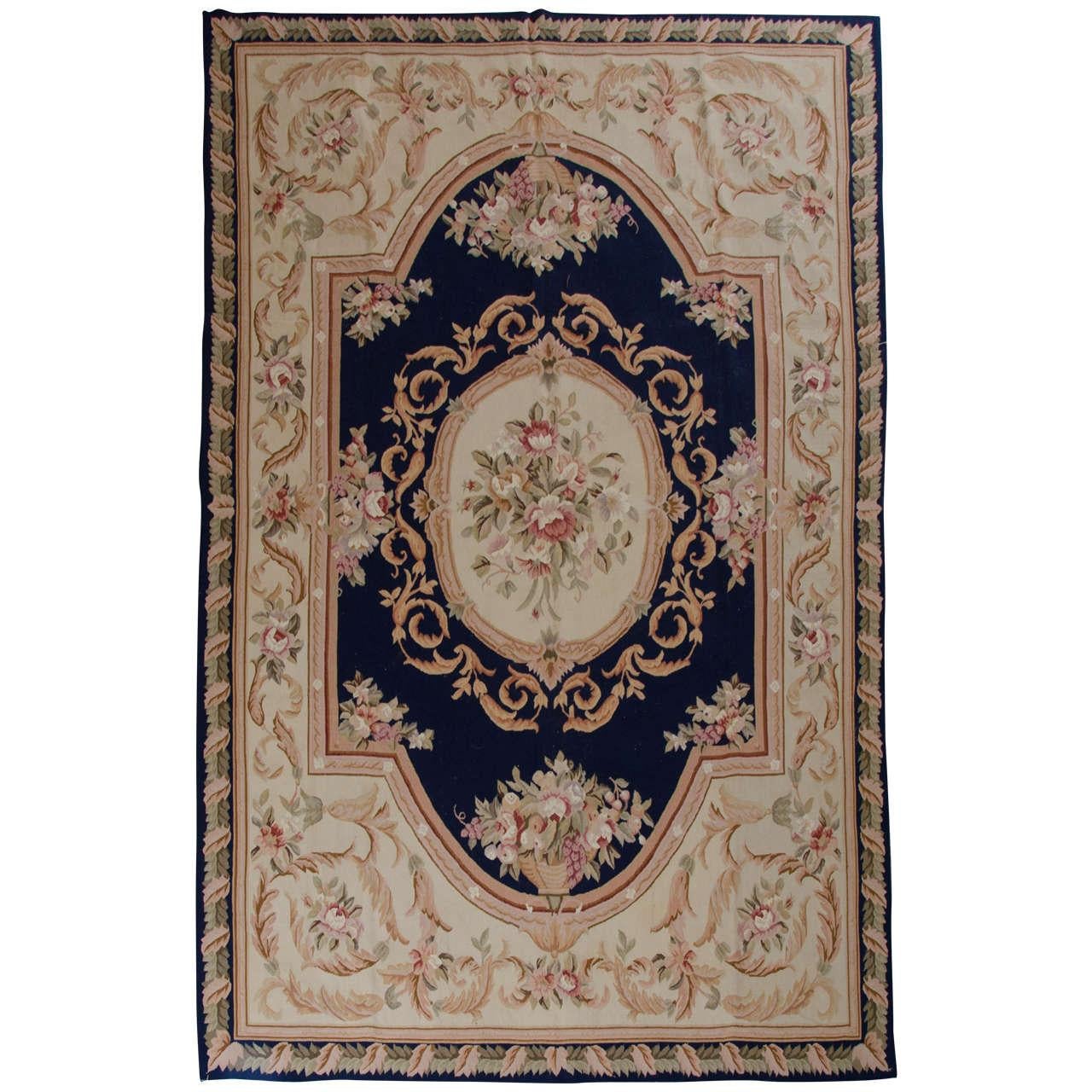 Aubusson Rugs, Navy Floral Carpet, Handmade Livingroom Rug 183 X 274cm
