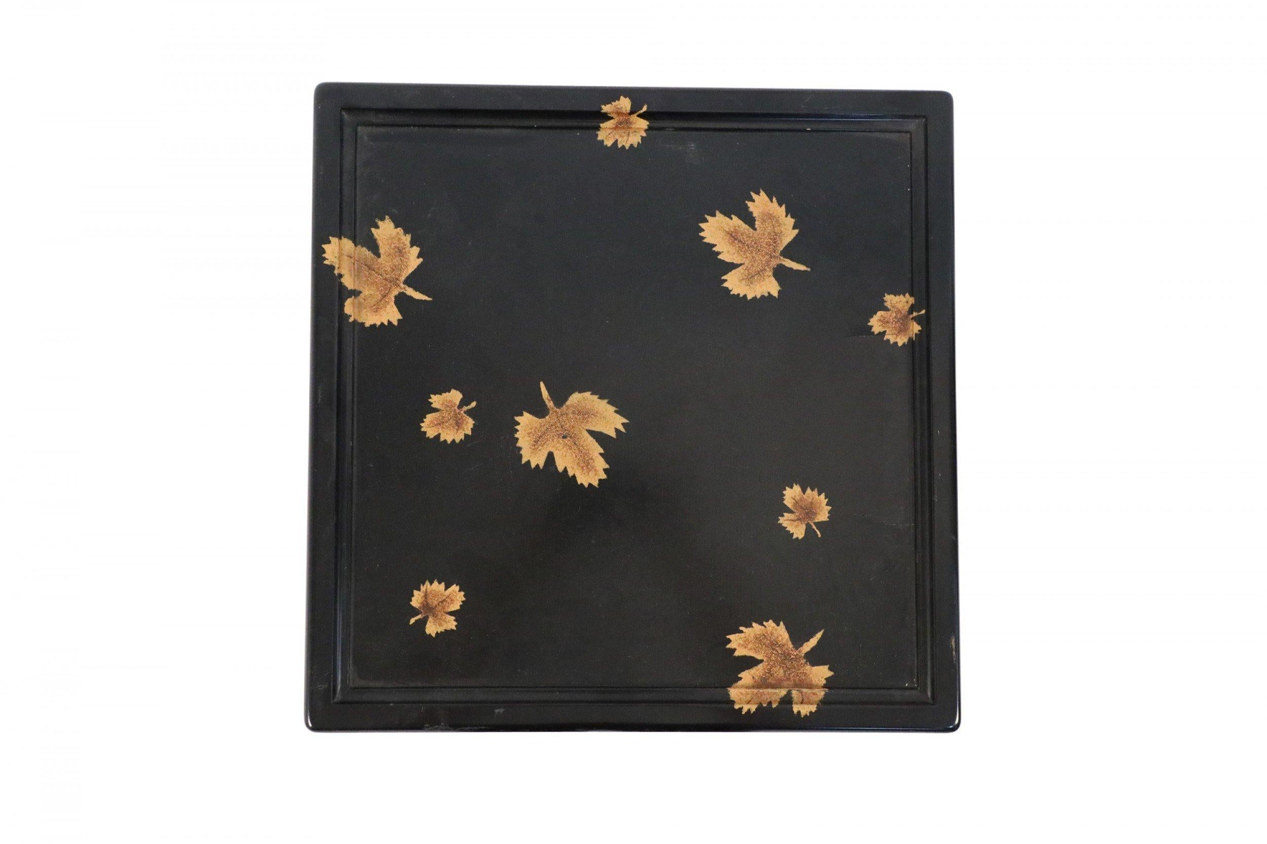 Contemporary Chinese Black and Leaf Motif Square Side Tables For Sale 3
