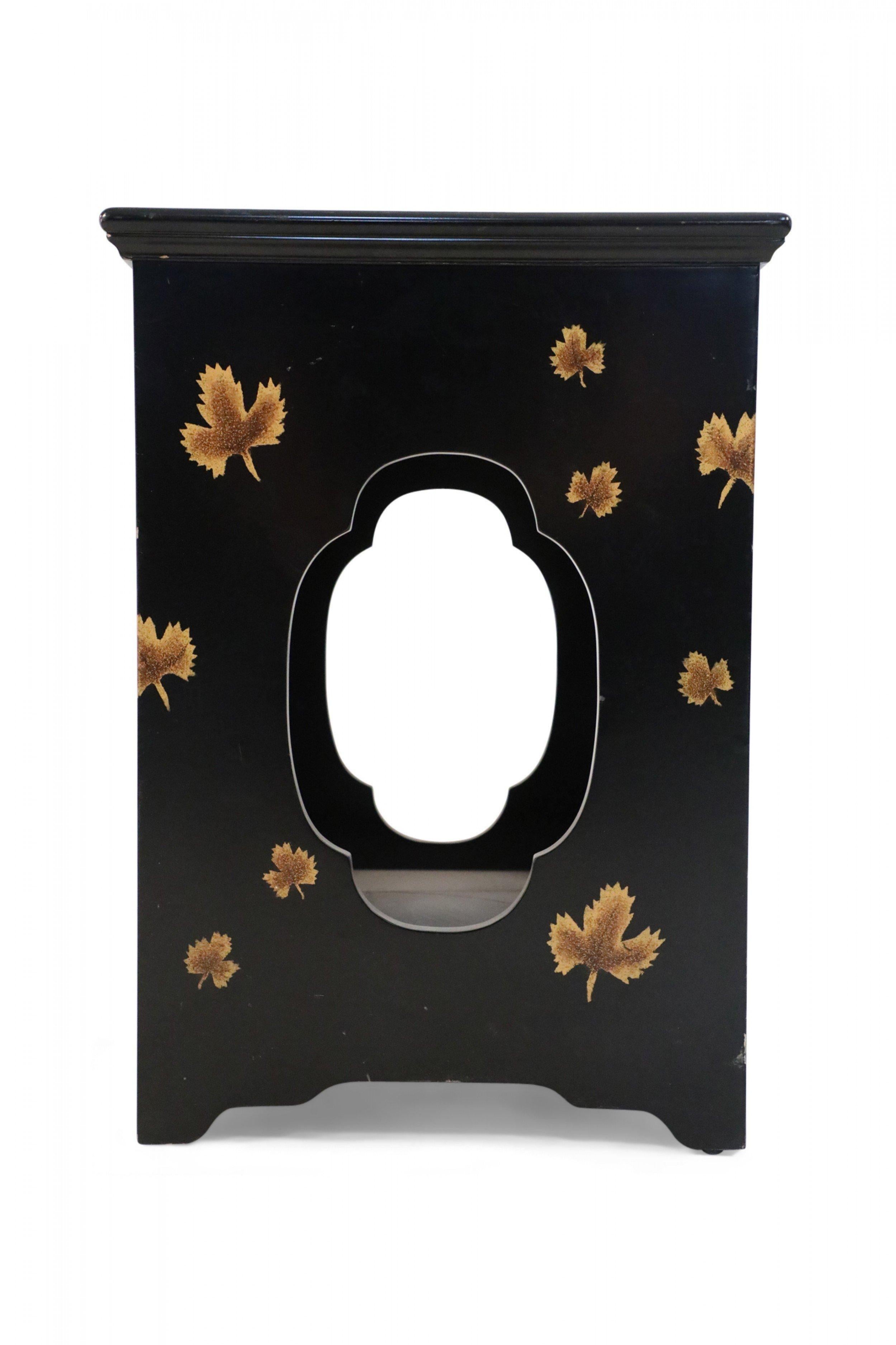 Contemporary Chinese Black and Leaf Motif Square Side Tables For Sale 4