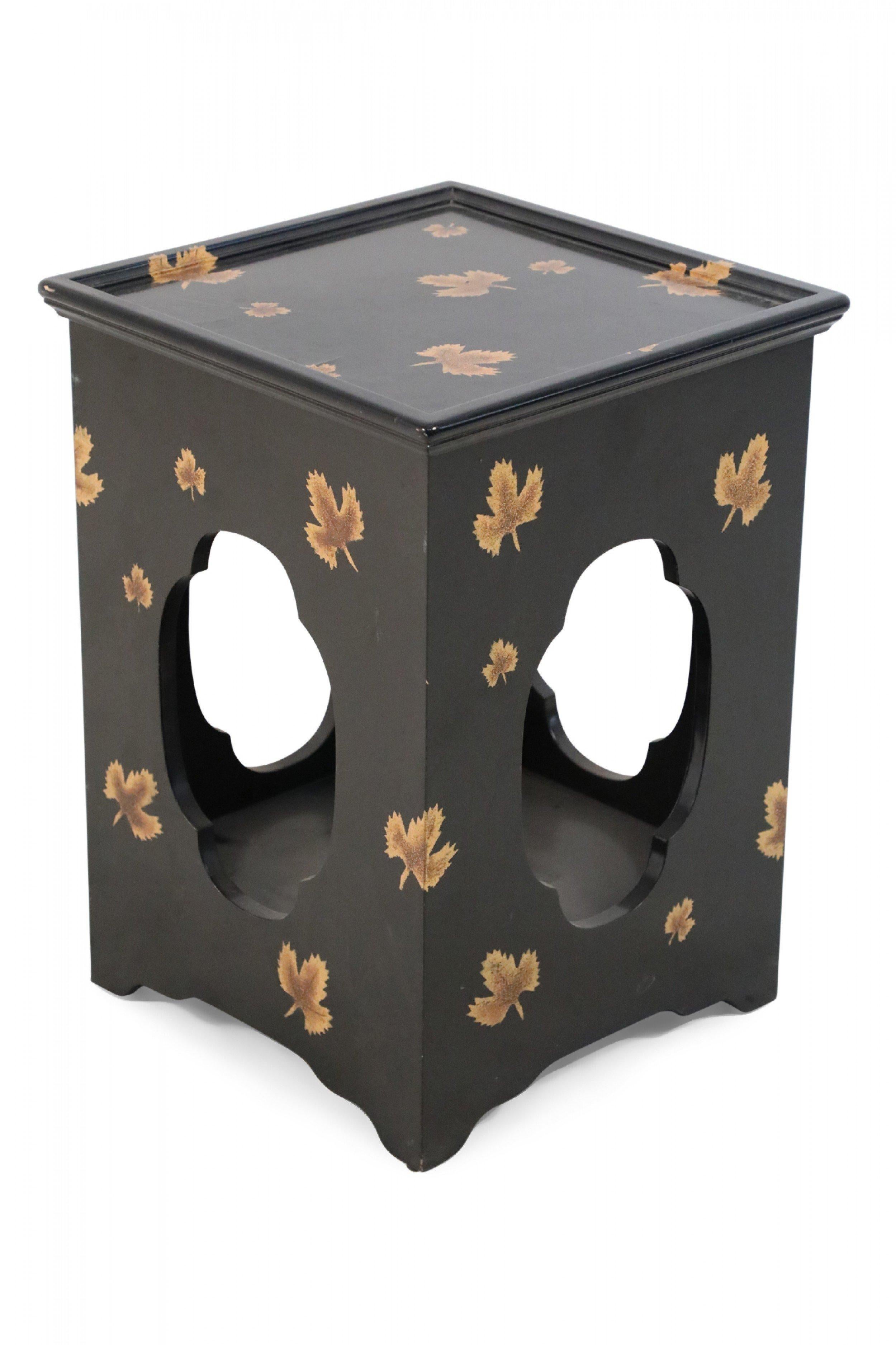 Chinese Export Contemporary Chinese Black and Leaf Motif Square Side Tables For Sale