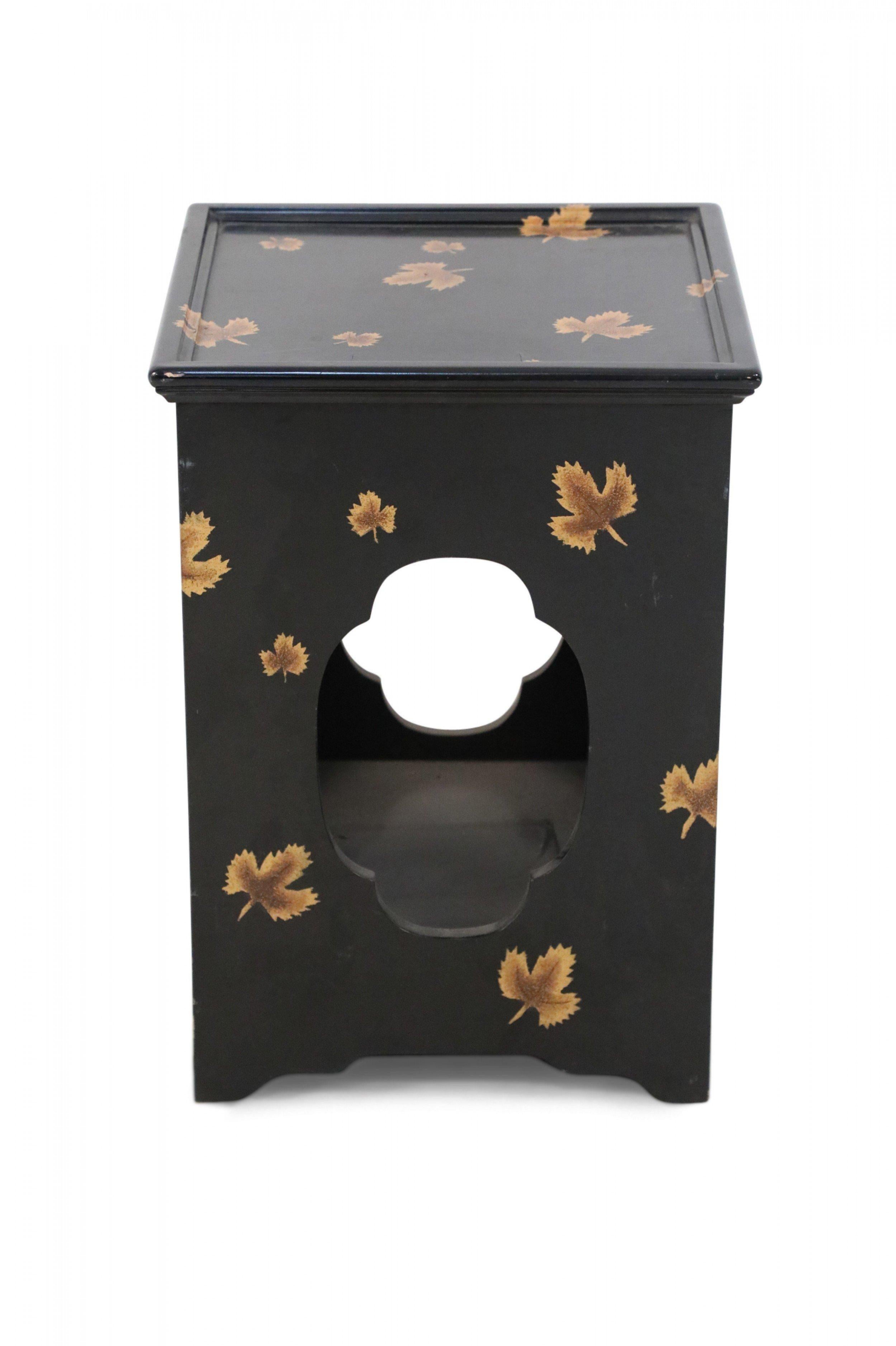 Lacquered Contemporary Chinese Black and Leaf Motif Square Side Tables For Sale