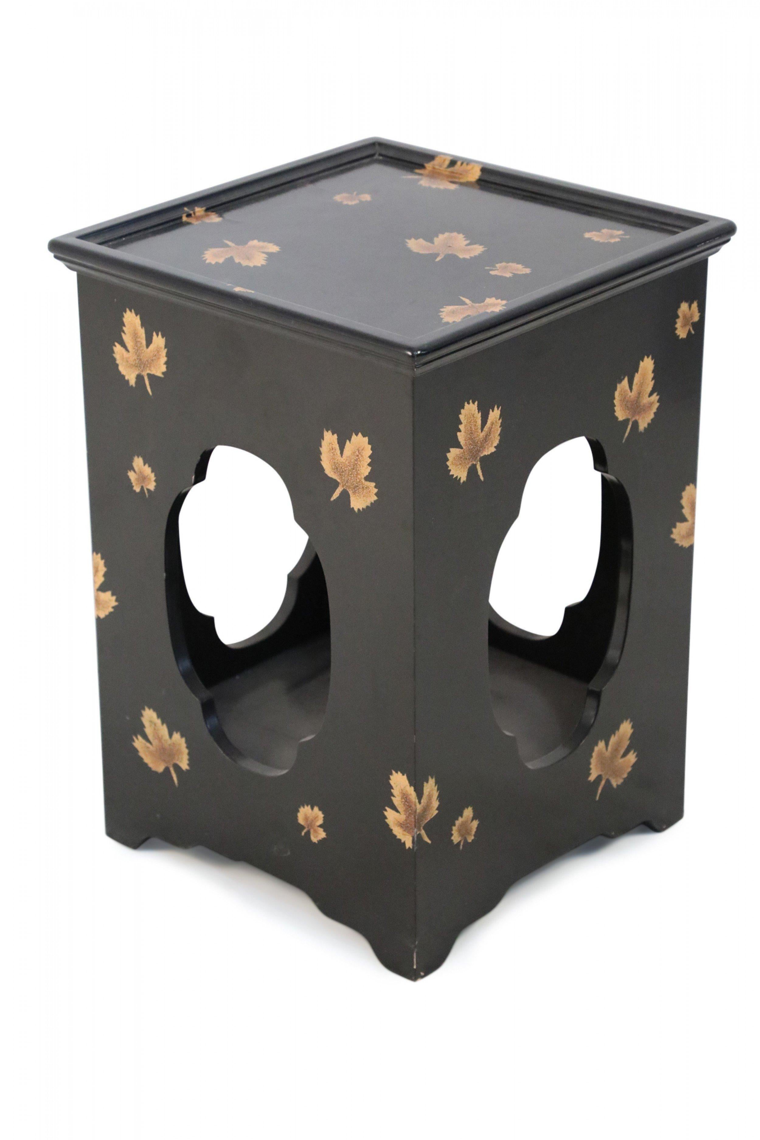 20th Century Contemporary Chinese Black and Leaf Motif Square Side Tables For Sale