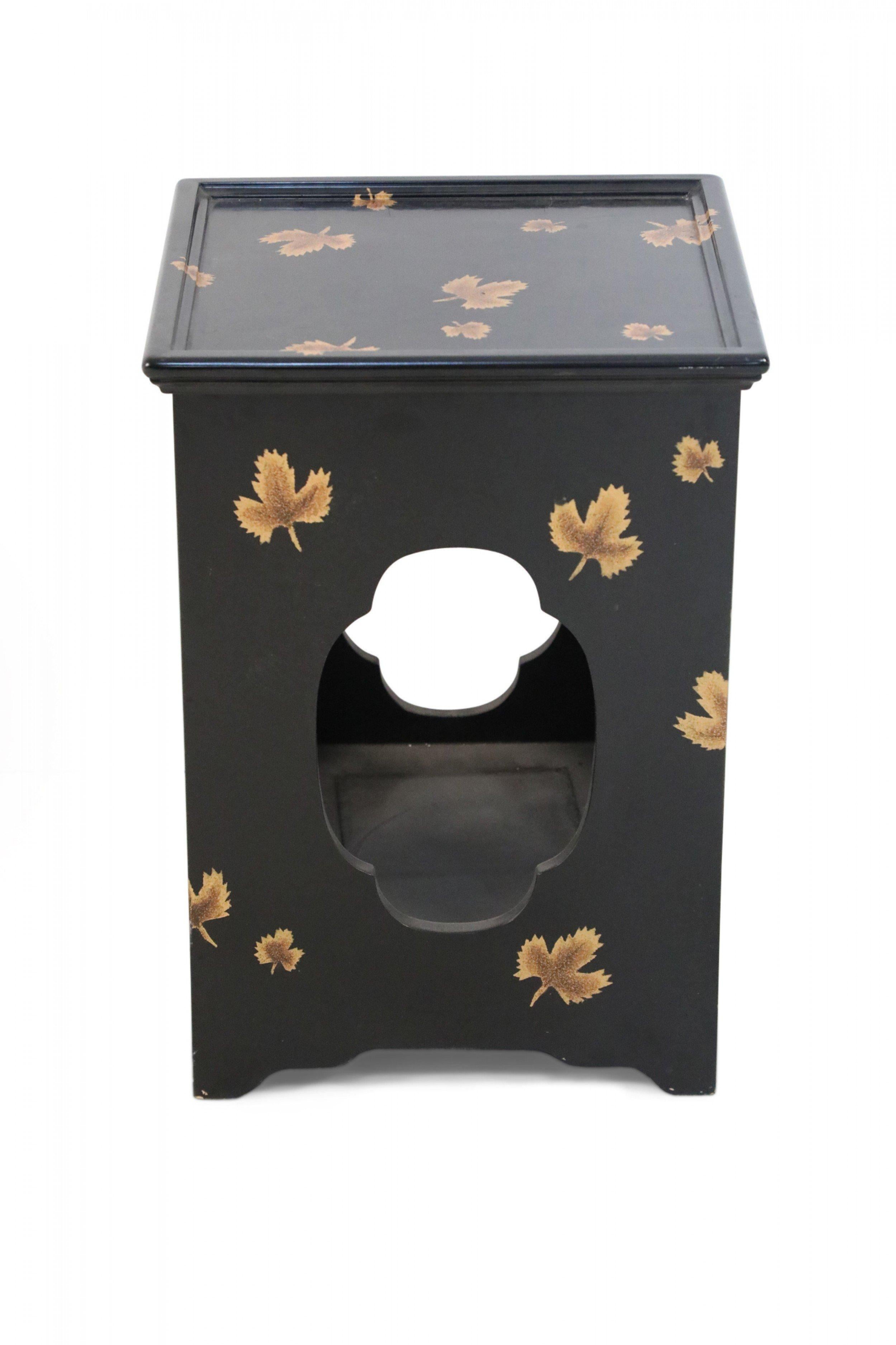 Wood Contemporary Chinese Black and Leaf Motif Square Side Tables For Sale