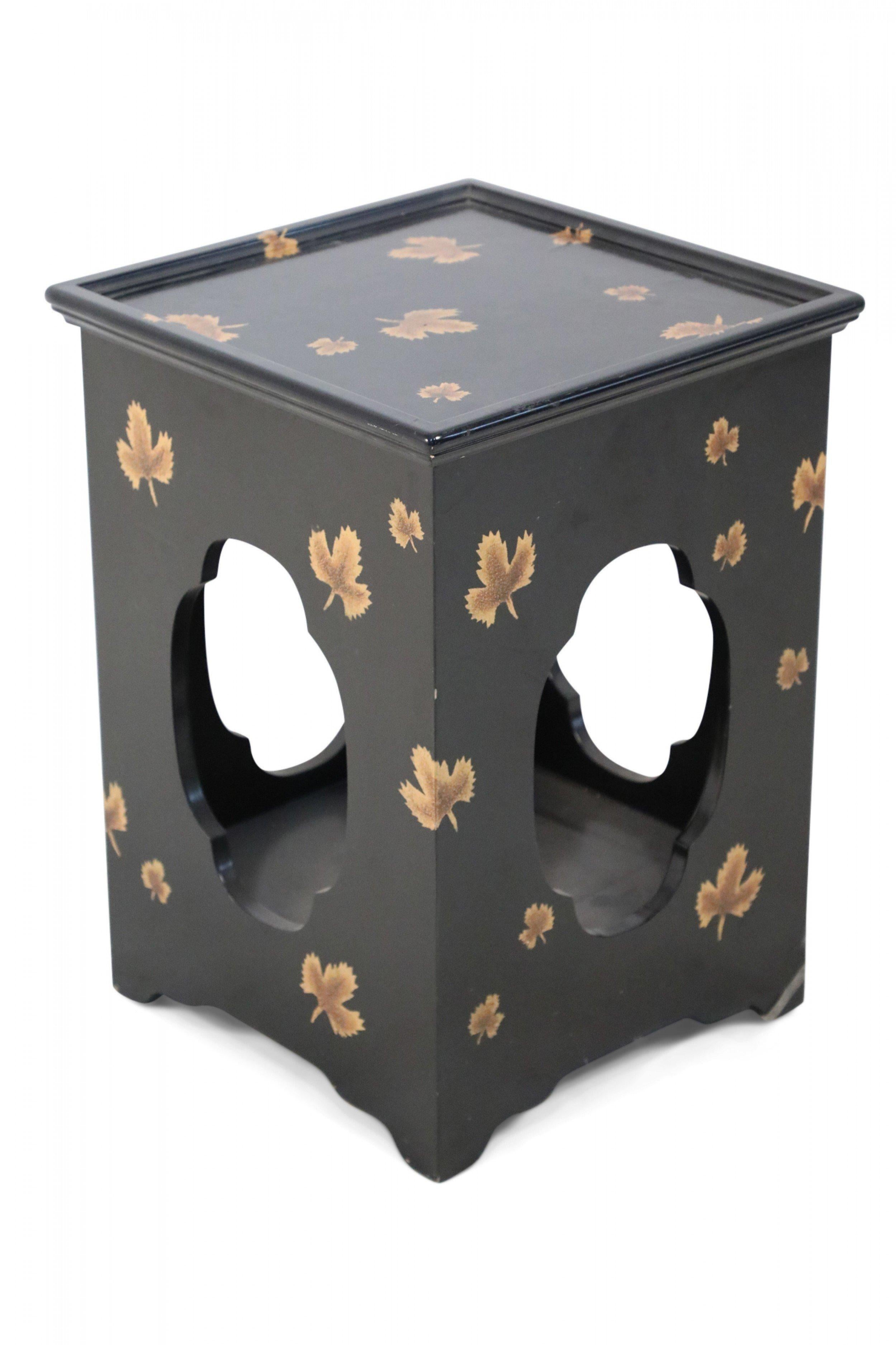 Contemporary Chinese Black and Leaf Motif Square Side Tables For Sale 1