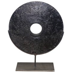 Contemporary Chinese Black Stone Disc Sculpture on Stand