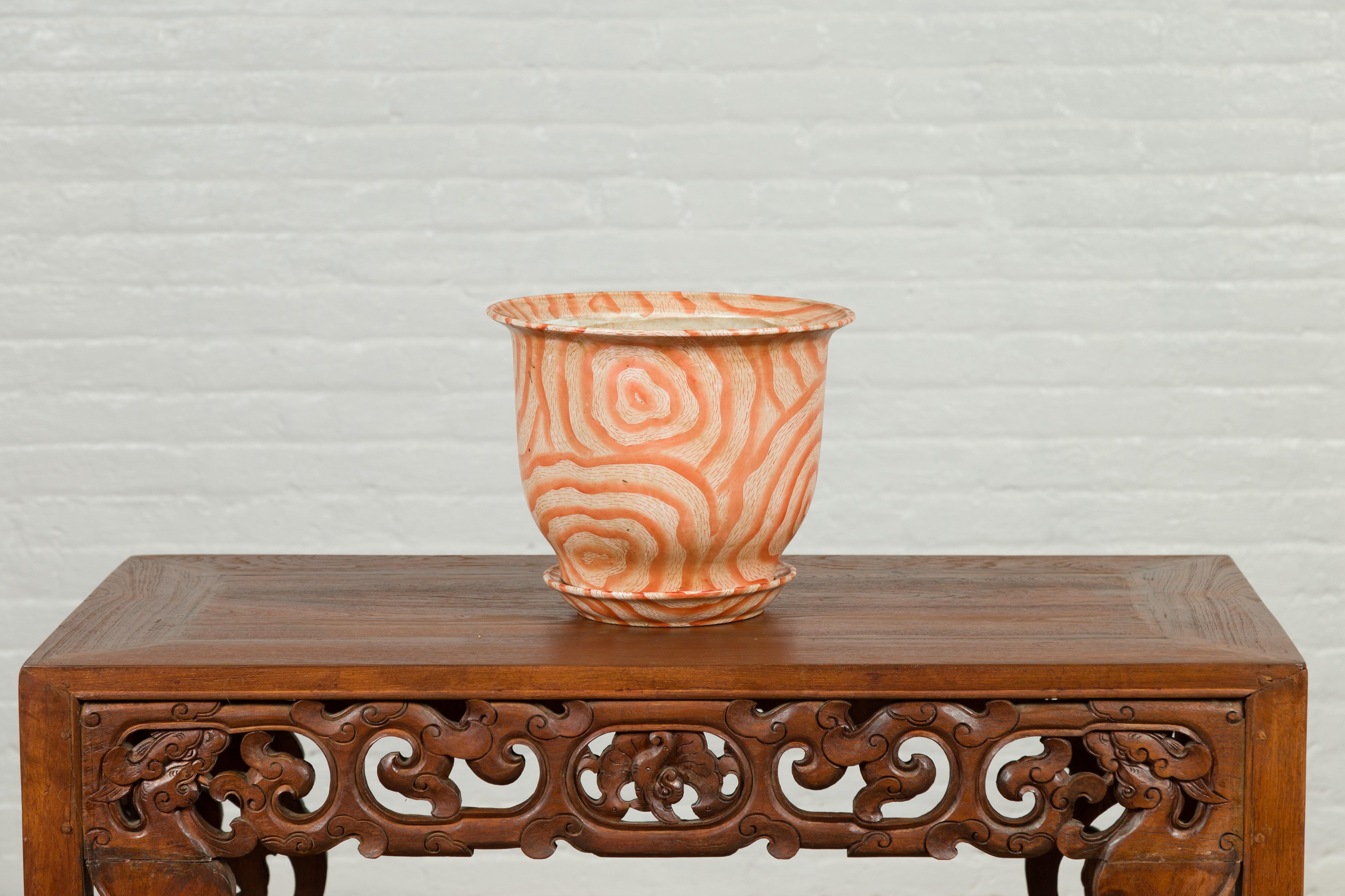 Contemporary Chinese Salmon Colored Flower Vase with Stripes 6