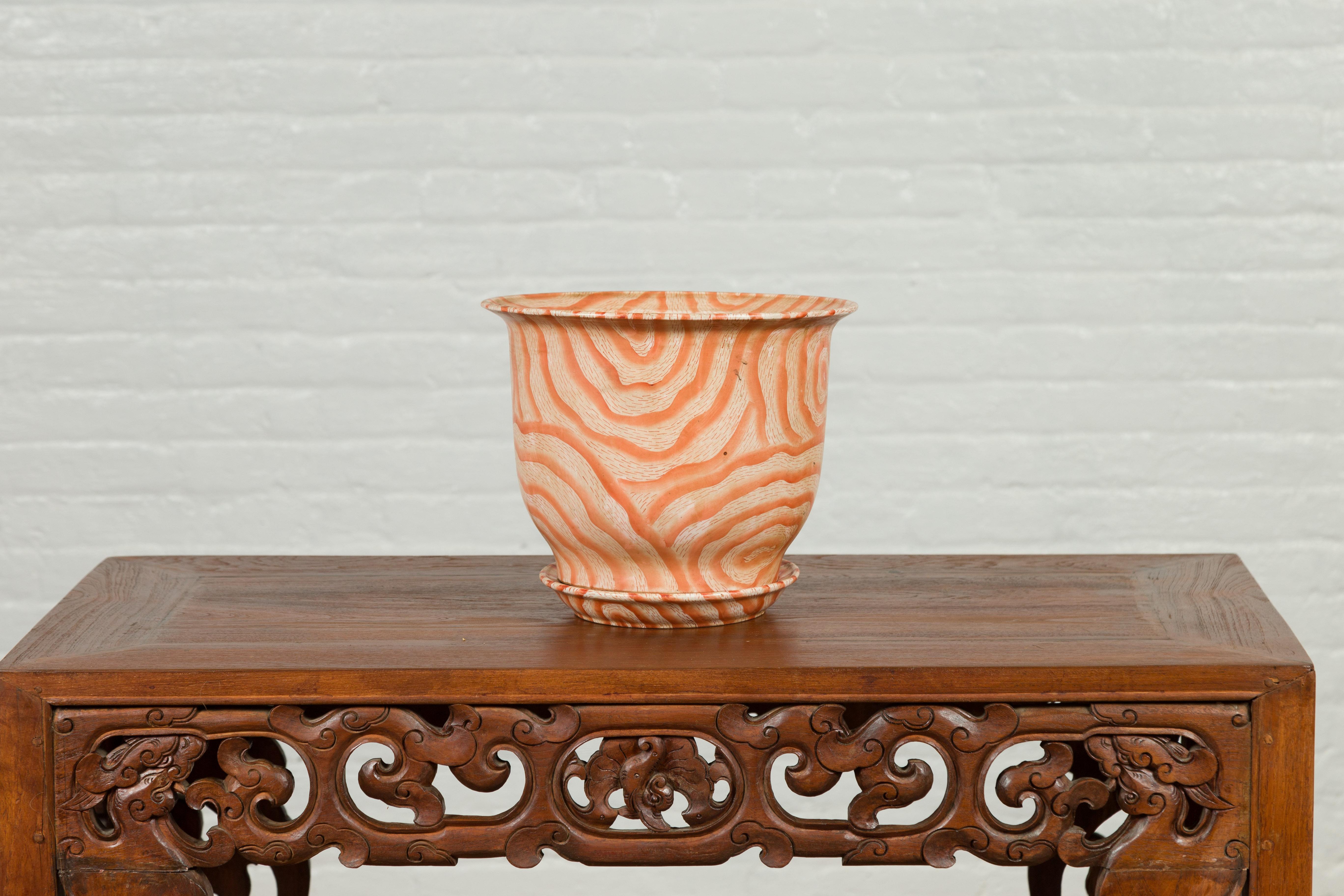 Contemporary Chinese Salmon Colored Flower Vase with Stripes 7
