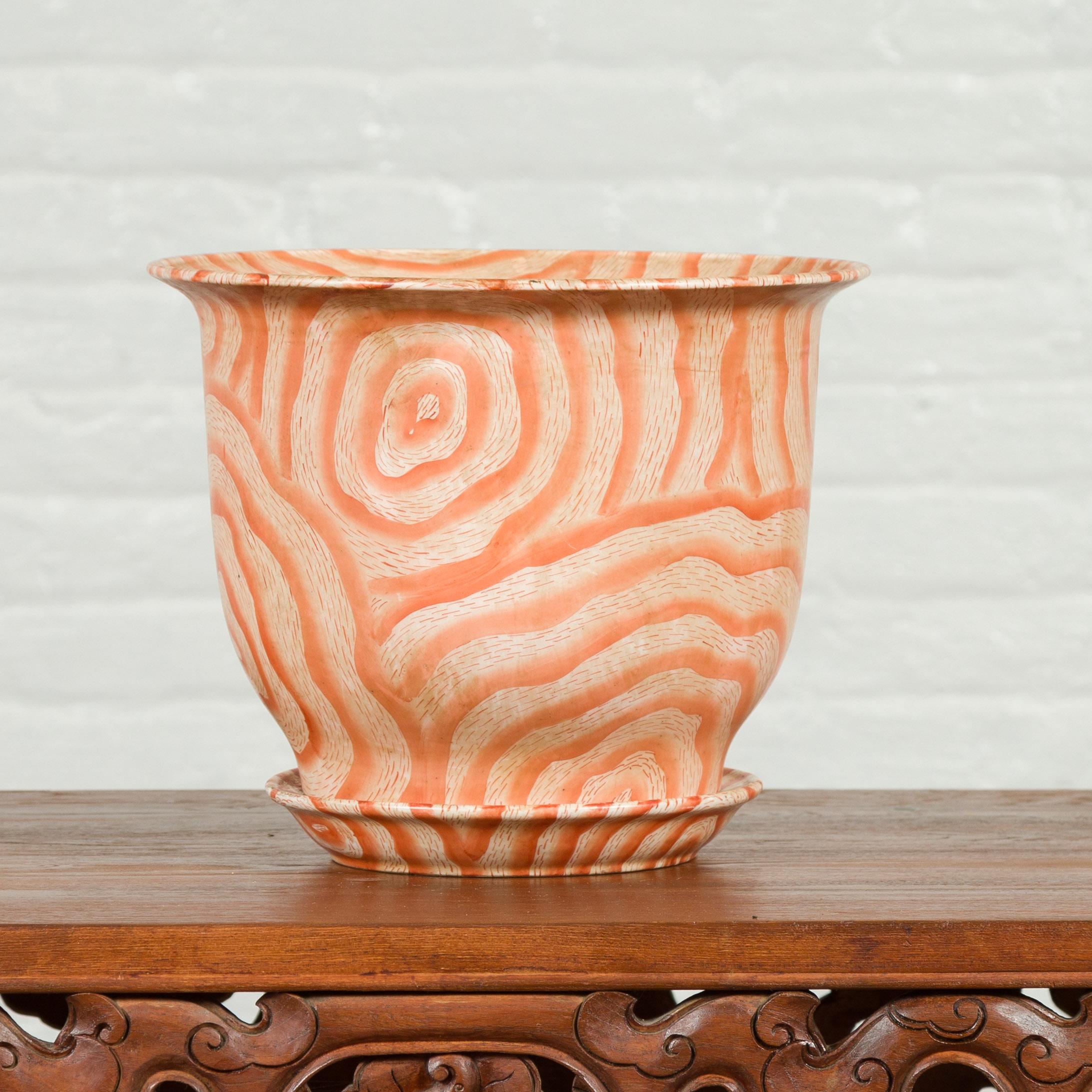 Contemporary Chinese Salmon Colored Flower Vase with Stripes In Good Condition In Yonkers, NY