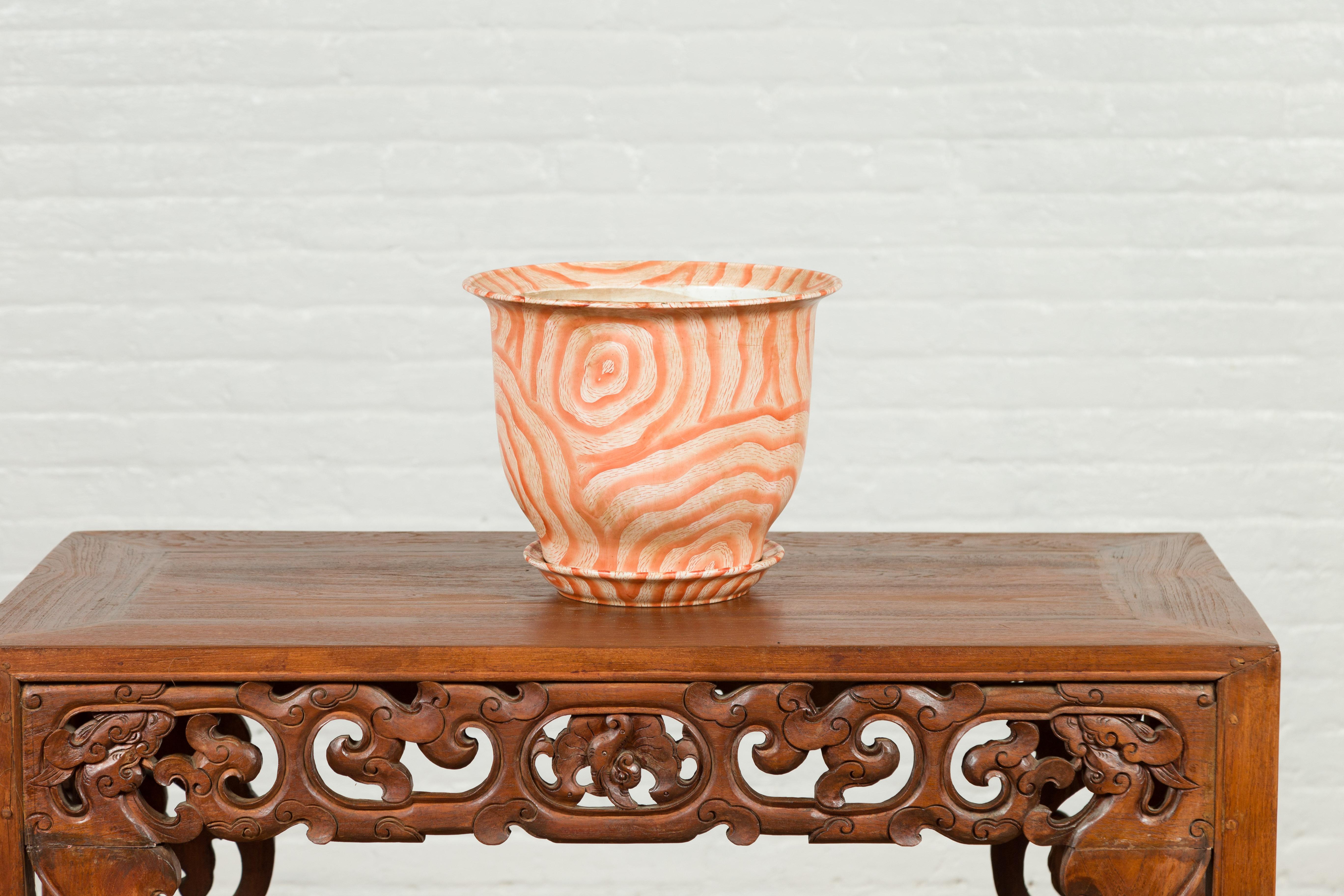 Contemporary Chinese Salmon Colored Flower Vase with Stripes 1