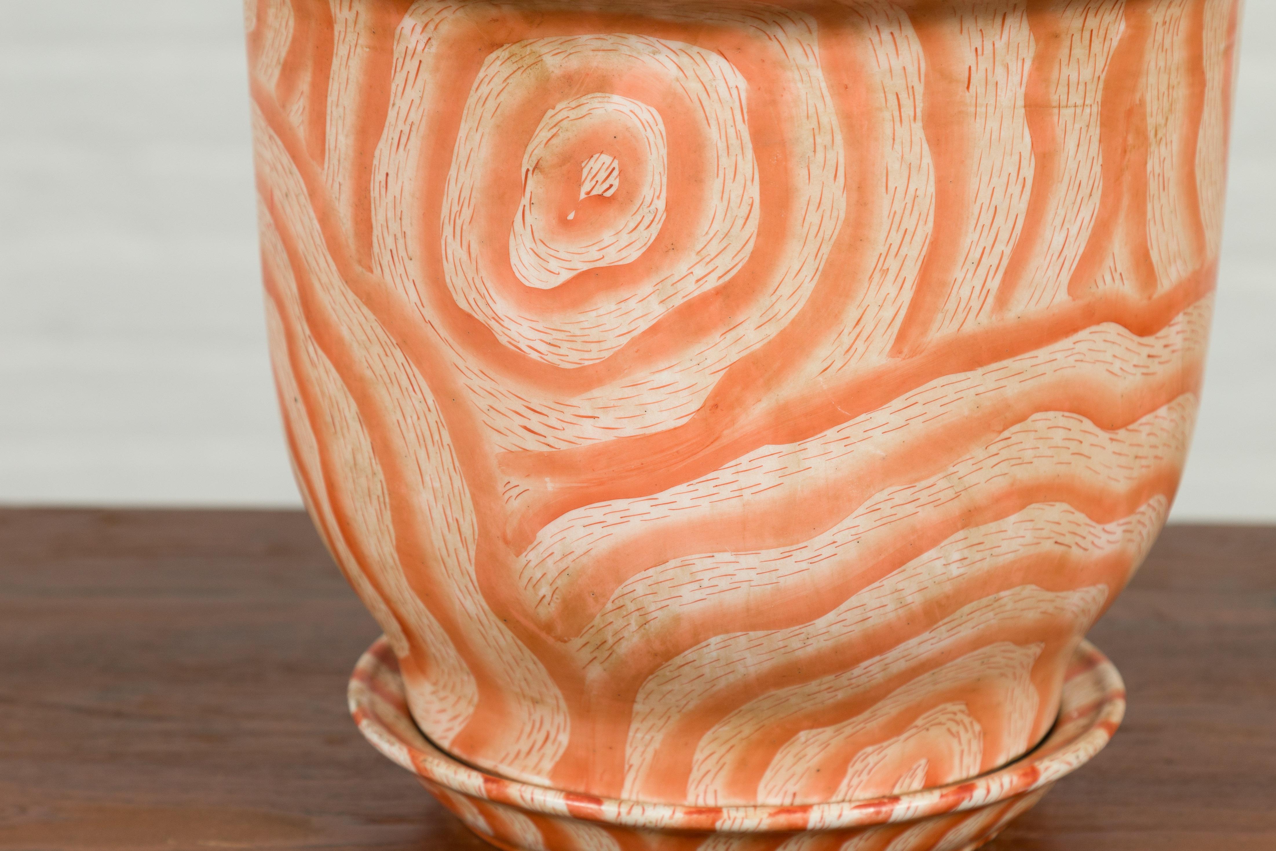 Contemporary Chinese Salmon Colored Flower Vase with Stripes 3