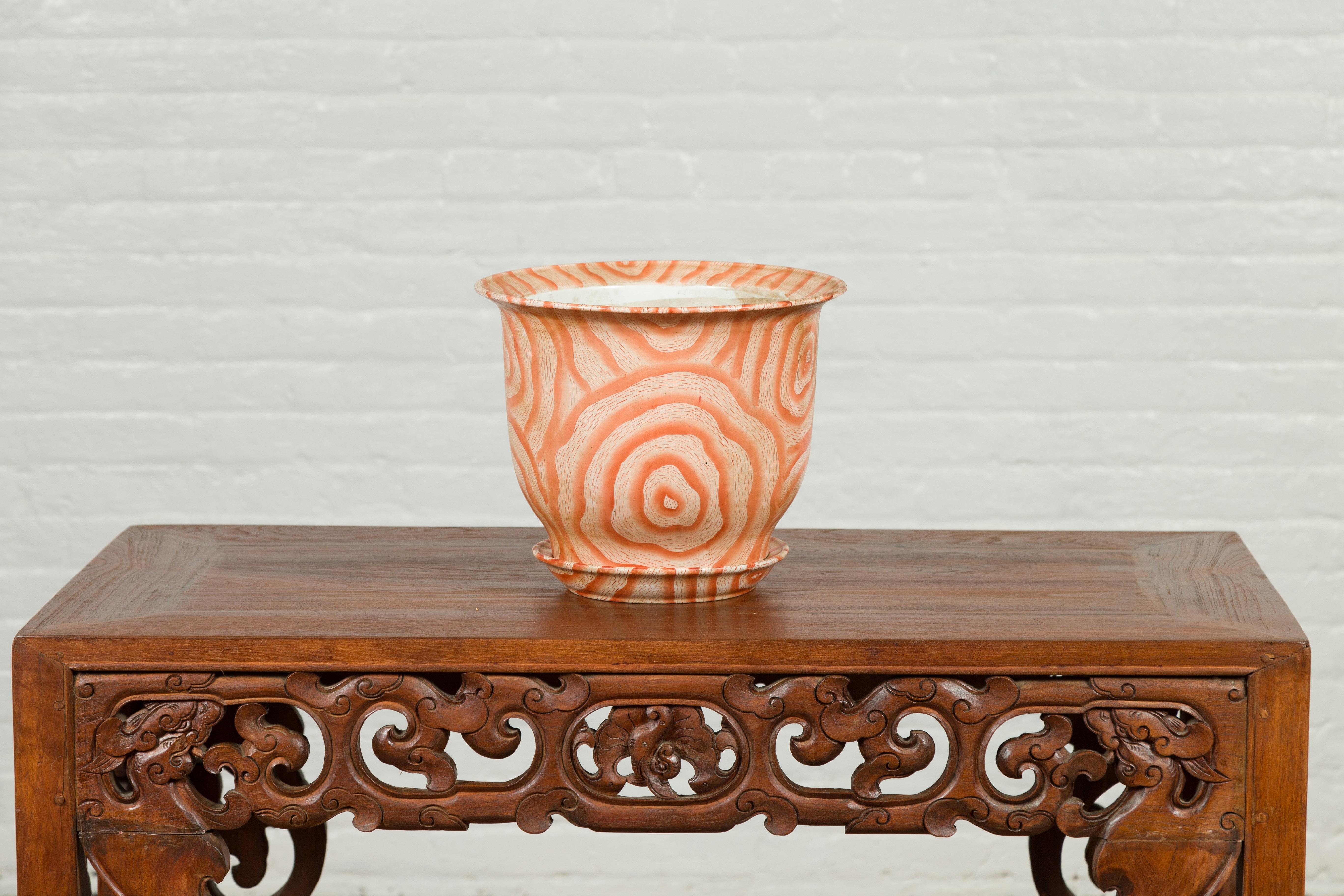Contemporary Chinese Salmon Colored Flower Vase with Stripes 5
