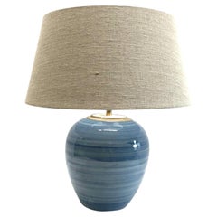 Contemporary Chinese Table Lamp, Striated Blue Glaze, Linen Shade, 20"