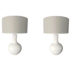 Contemporary Chinese Table Lamps, White Long Tube Design, Linen Shades