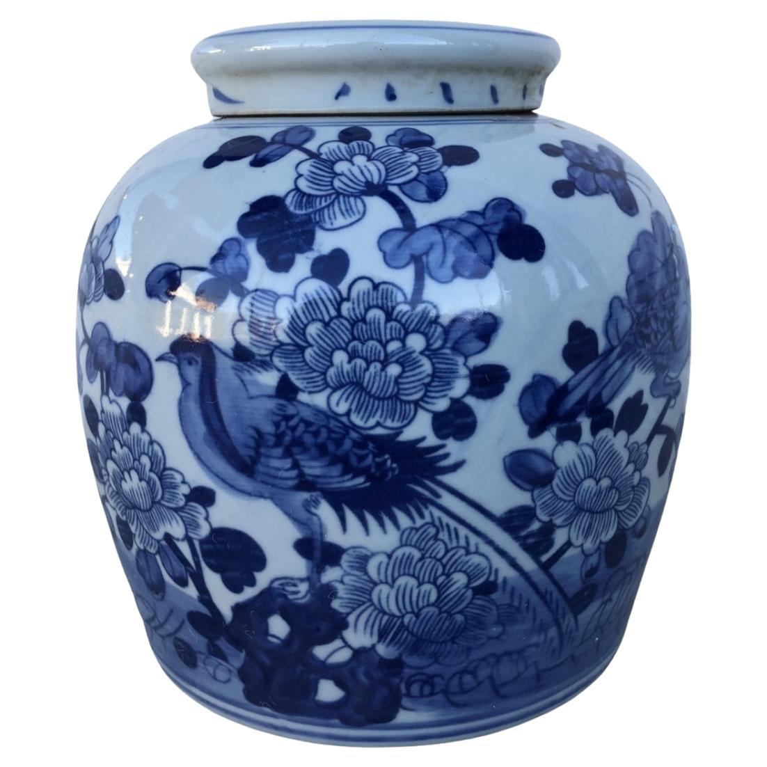 Contemporary Chinoiserie Lidded Ginger Jar with Bird Motif