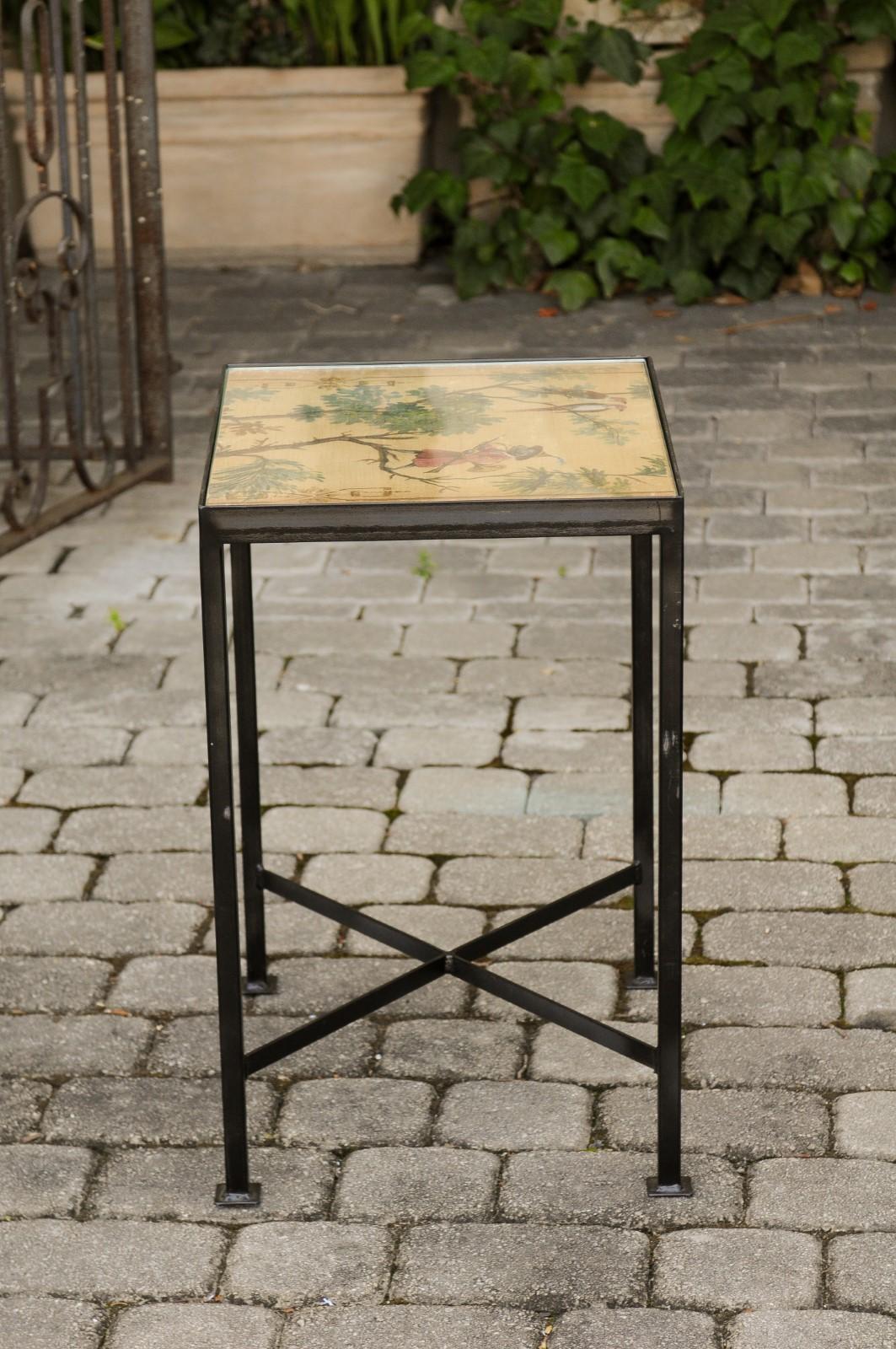 Contemporary Chinoiserie Side Table with Monkey and Birds Motifs on Iron Base 5