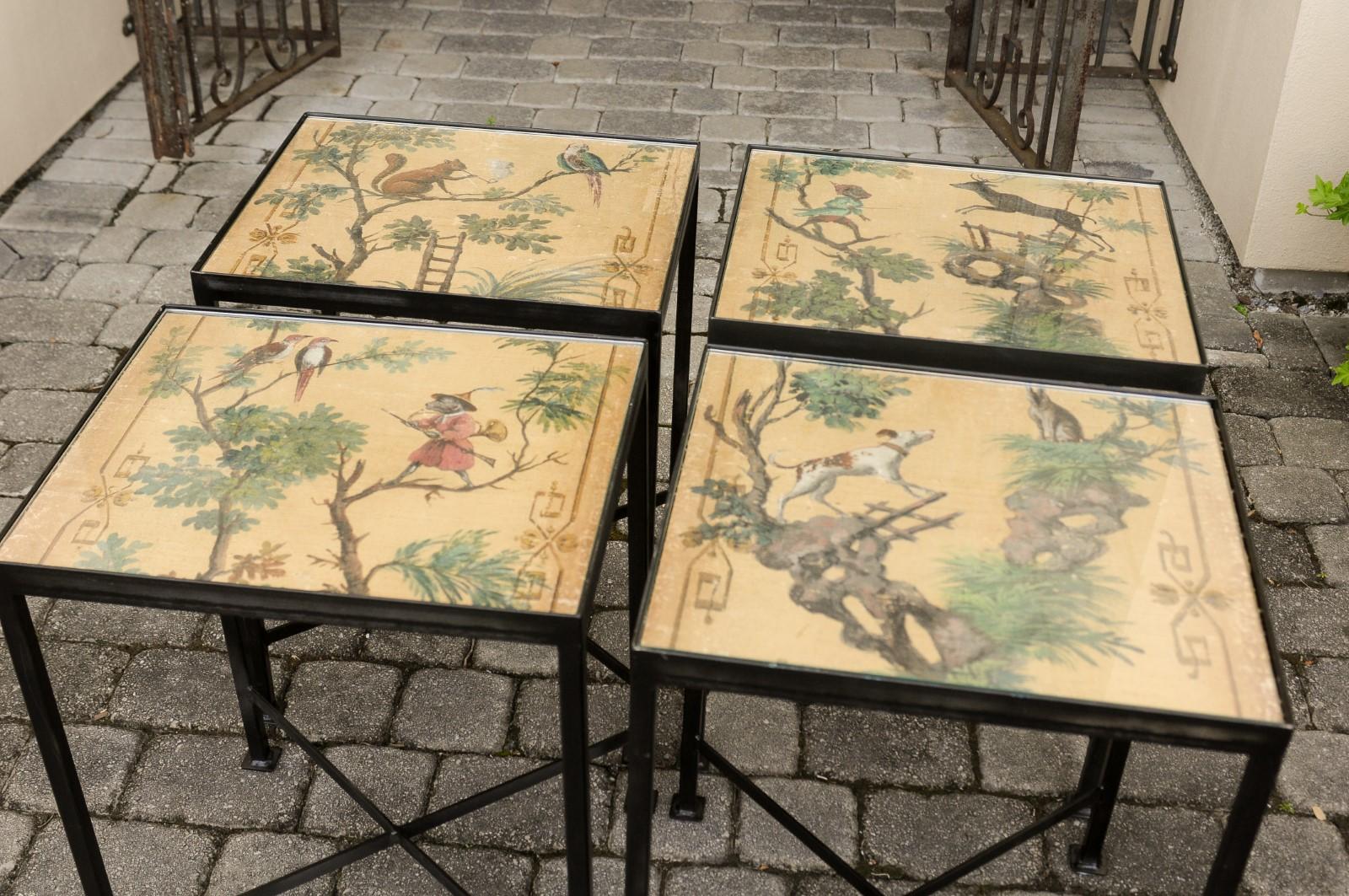 Contemporary Chinoiserie Side Table with Monkey and Birds Motifs on Iron Base In Good Condition In Atlanta, GA