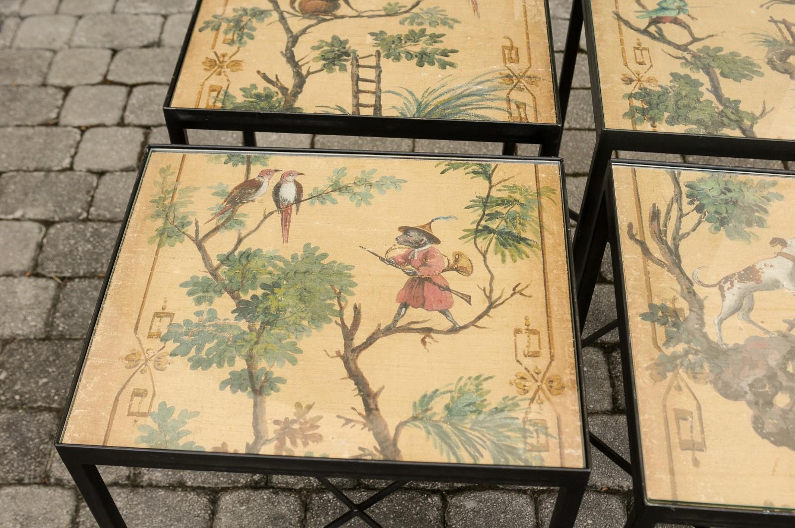 Glass Contemporary Chinoiserie Side Table with Monkey and Birds Motifs on Iron Base