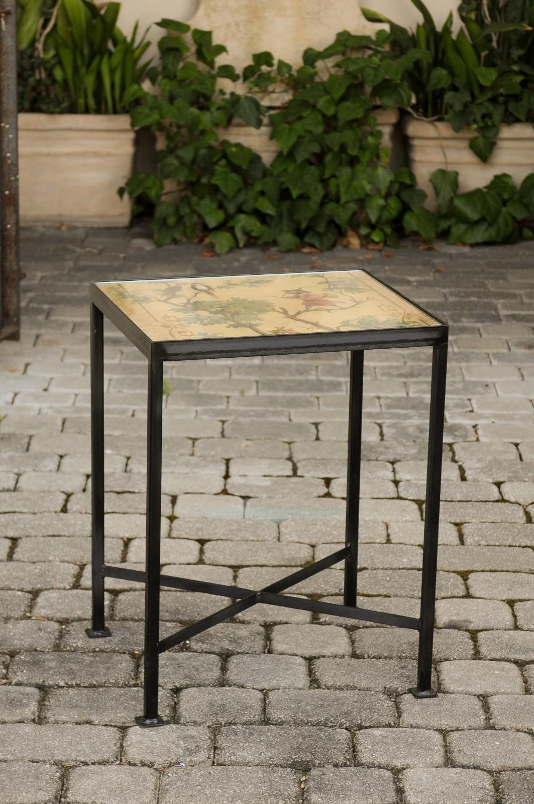 Contemporary Chinoiserie Side Table with Monkey and Birds Motifs on Iron Base 1
