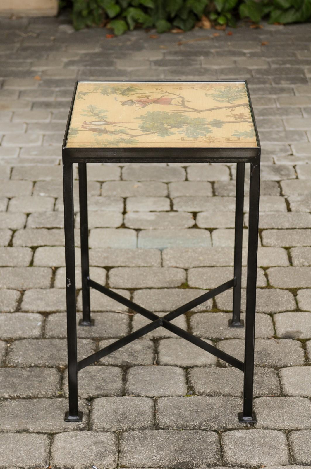 Contemporary Chinoiserie Side Table with Monkey and Birds Motifs on Iron Base 3