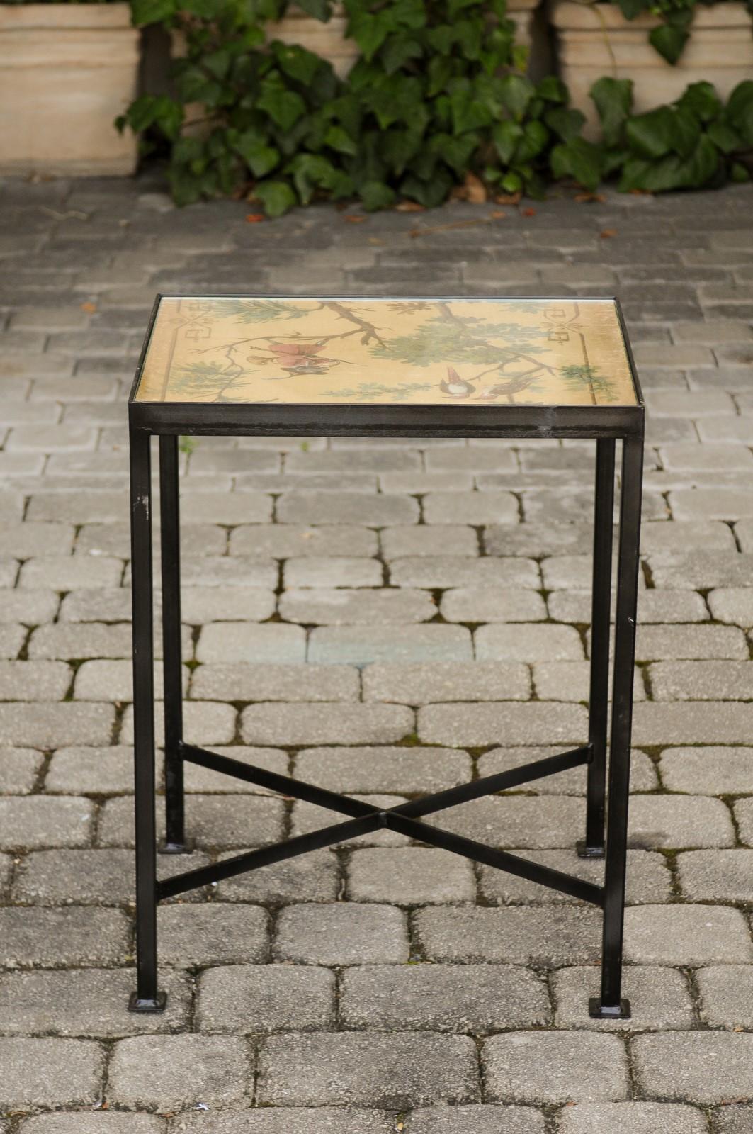 Contemporary Chinoiserie Side Table with Monkey and Birds Motifs on Iron Base 4