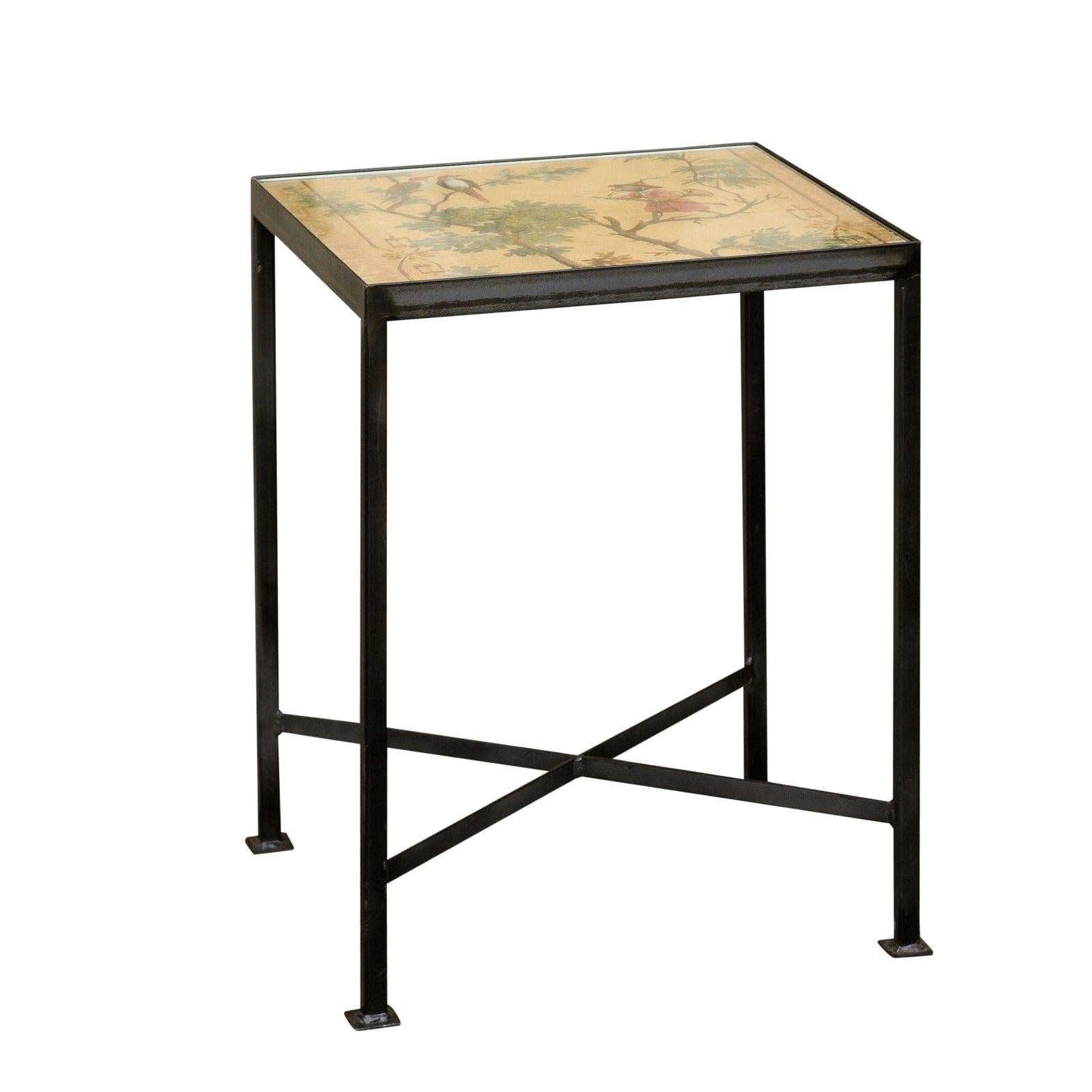 Contemporary Chinoiserie Side Table with Monkey and Birds Motifs on Iron Base
