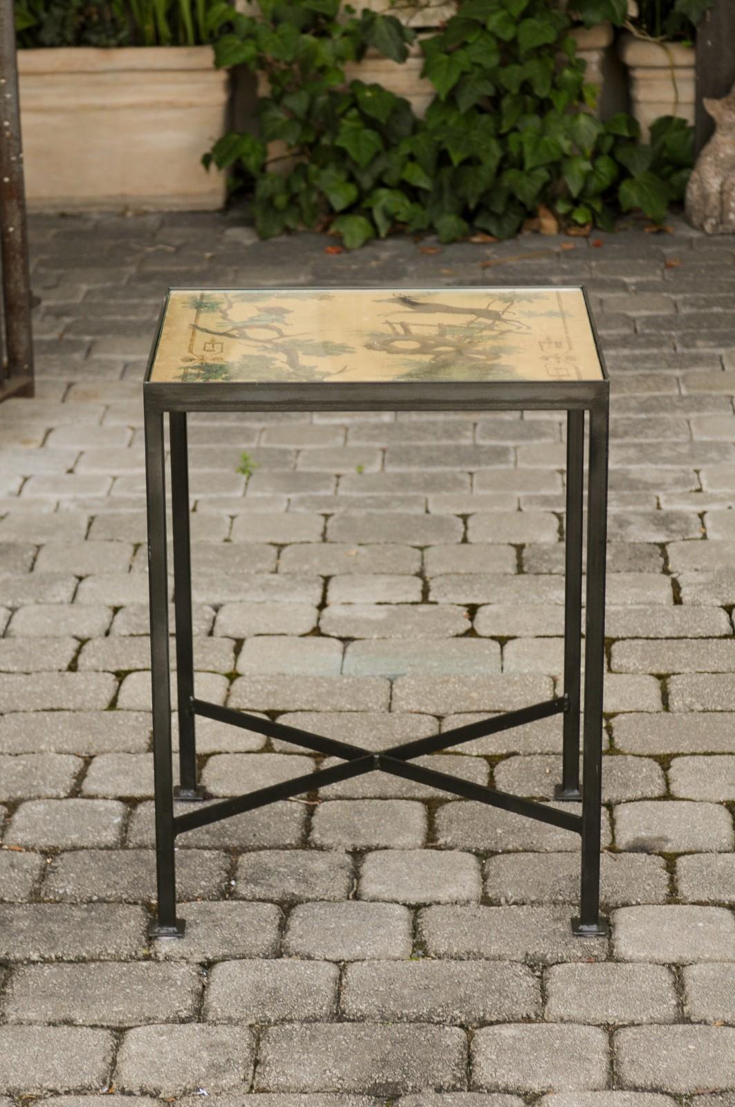 Contemporary Chinoiserie Side Table with Monkey and Stag Motifs on Iron Base 4
