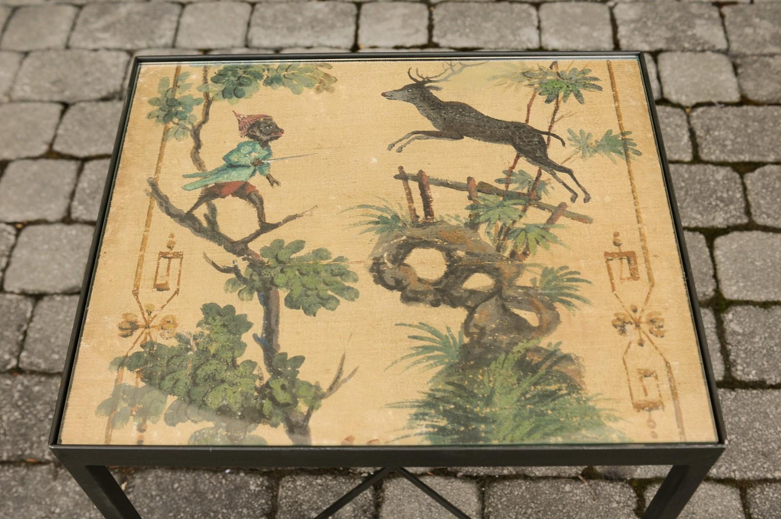 Contemporary Chinoiserie Side Table with Monkey and Stag Motifs on Iron Base 5