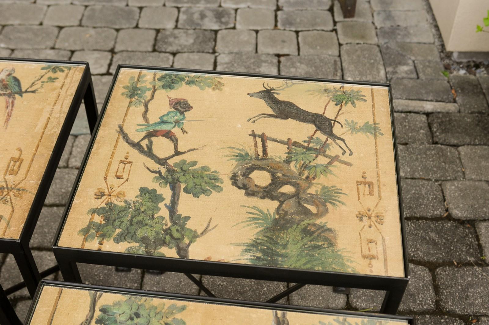 American Contemporary Chinoiserie Side Table with Monkey and Stag Motifs on Iron Base