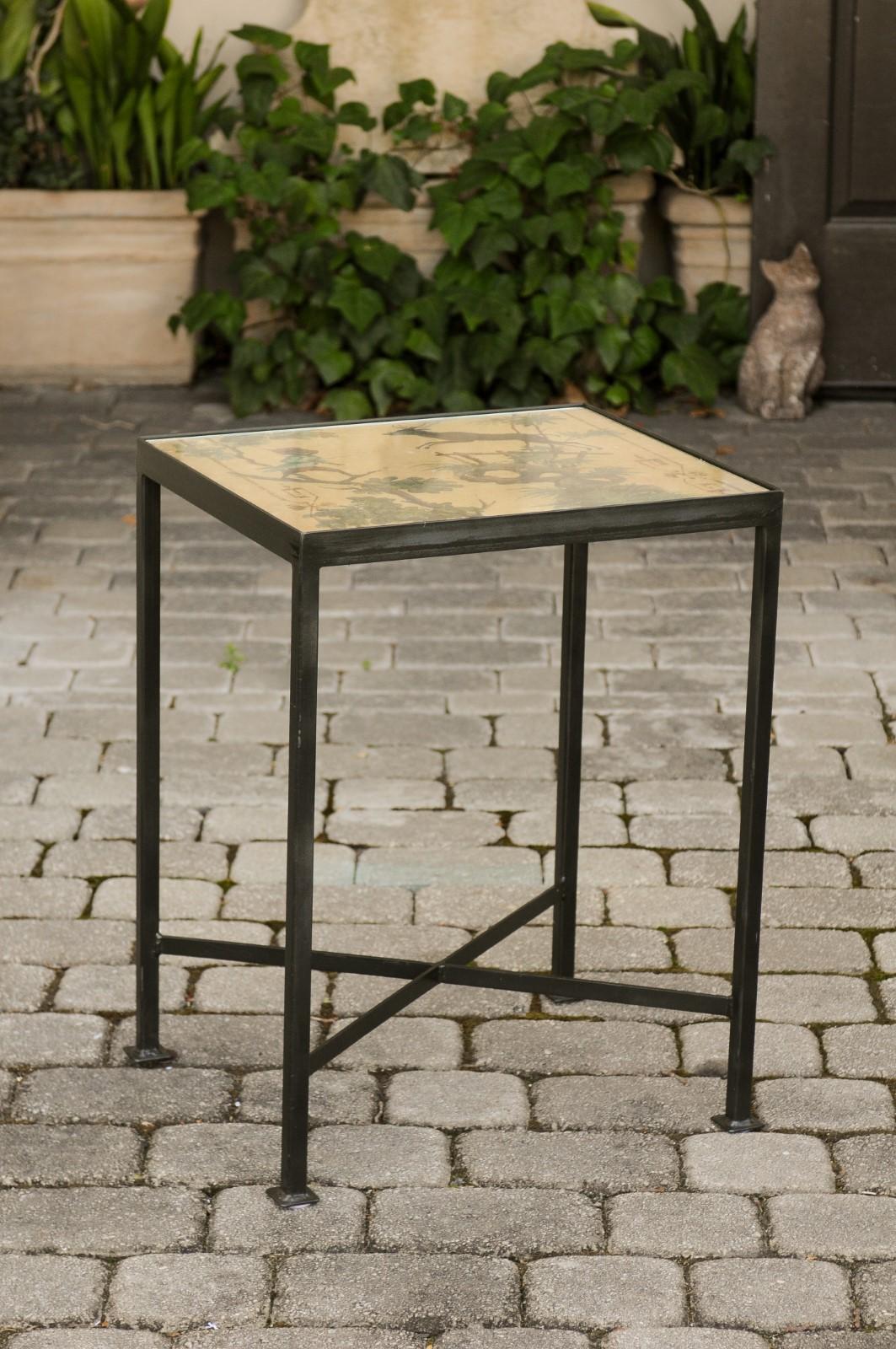 Contemporary Chinoiserie Side Table with Monkey and Stag Motifs on Iron Base In Good Condition In Atlanta, GA