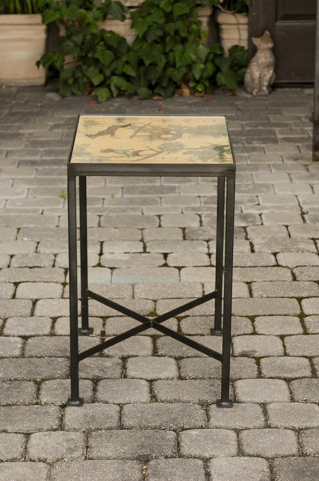 Contemporary Chinoiserie Side Table with Monkey and Stag Motifs on Iron Base 1