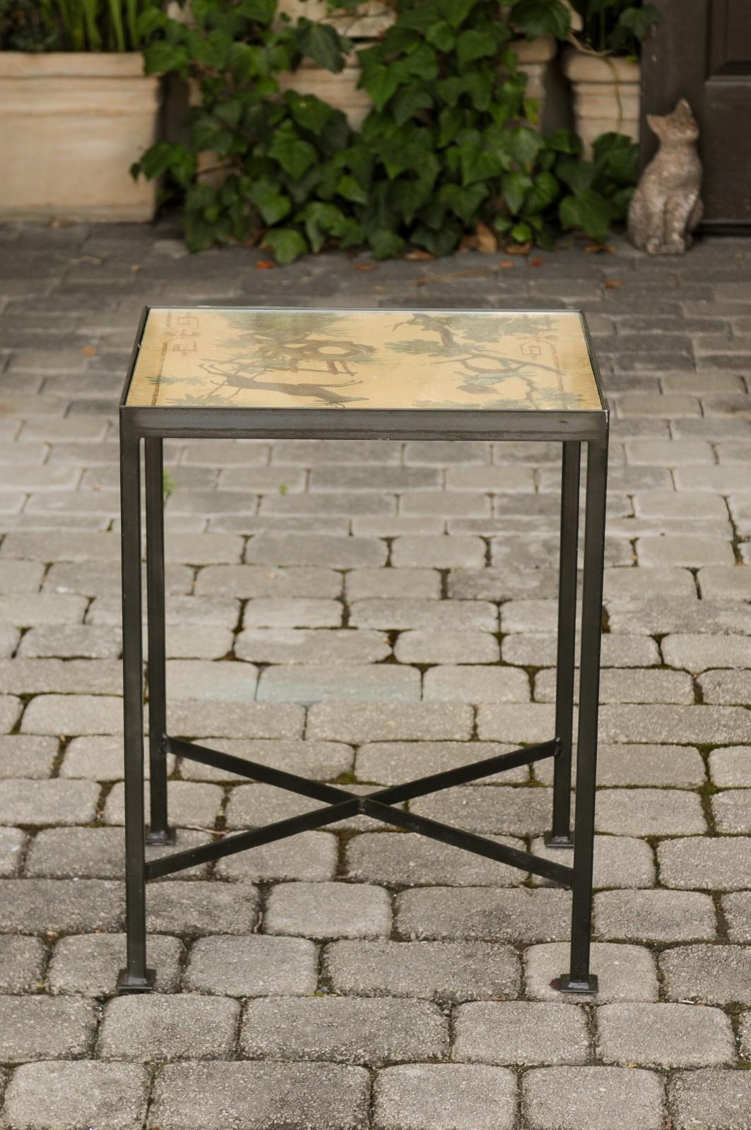 Contemporary Chinoiserie Side Table with Monkey and Stag Motifs on Iron Base 2