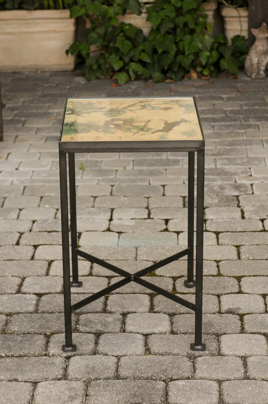 Contemporary Chinoiserie Side Table with Monkey and Stag Motifs on Iron Base 3