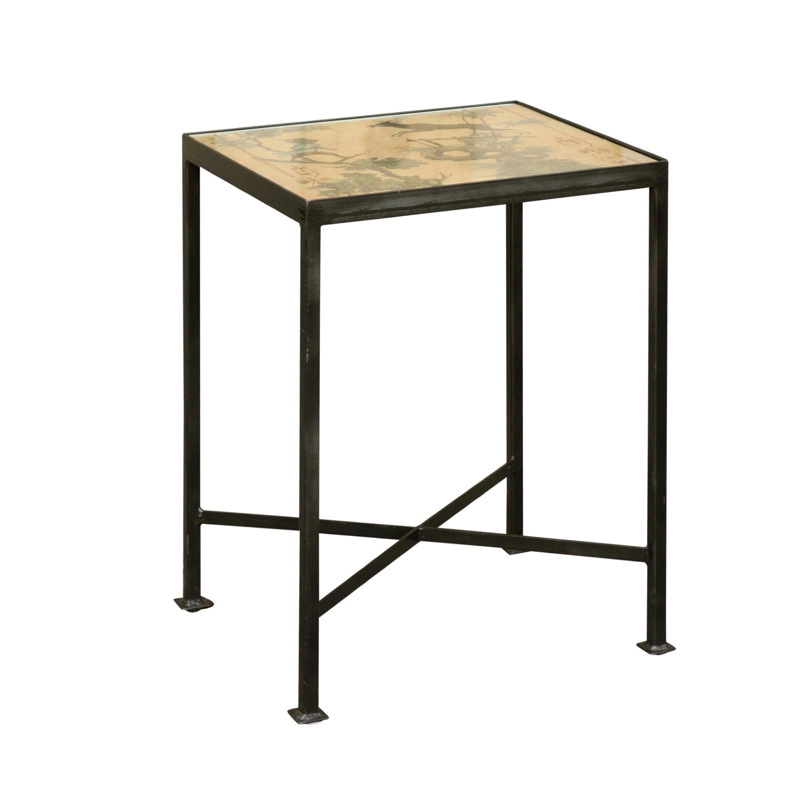 Contemporary Chinoiserie Side Table with Monkey and Stag Motifs on Iron Base