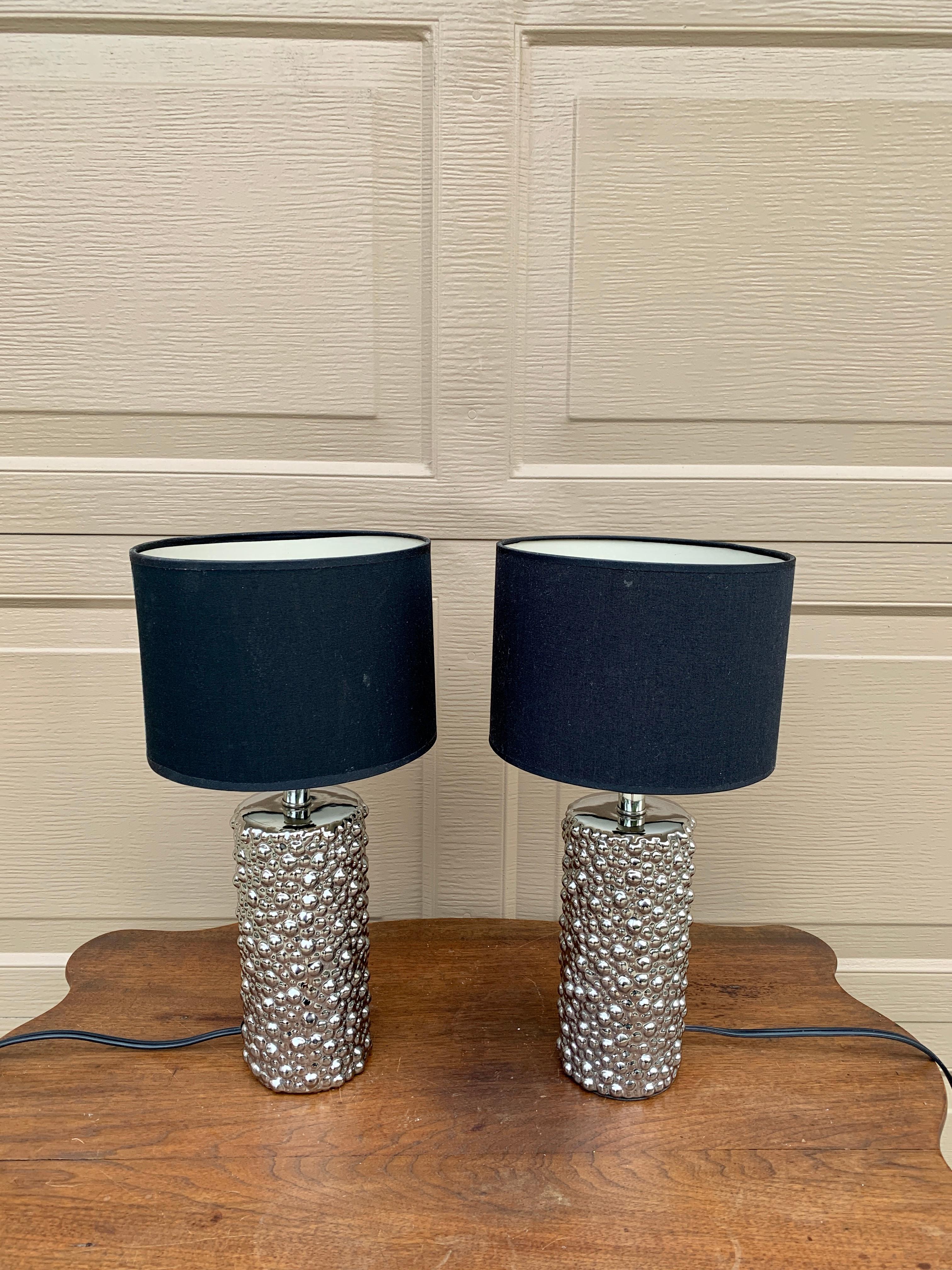Contemporary Chrome Table Lamps with Black Drum Shades, Pair In Good Condition For Sale In Elkhart, IN