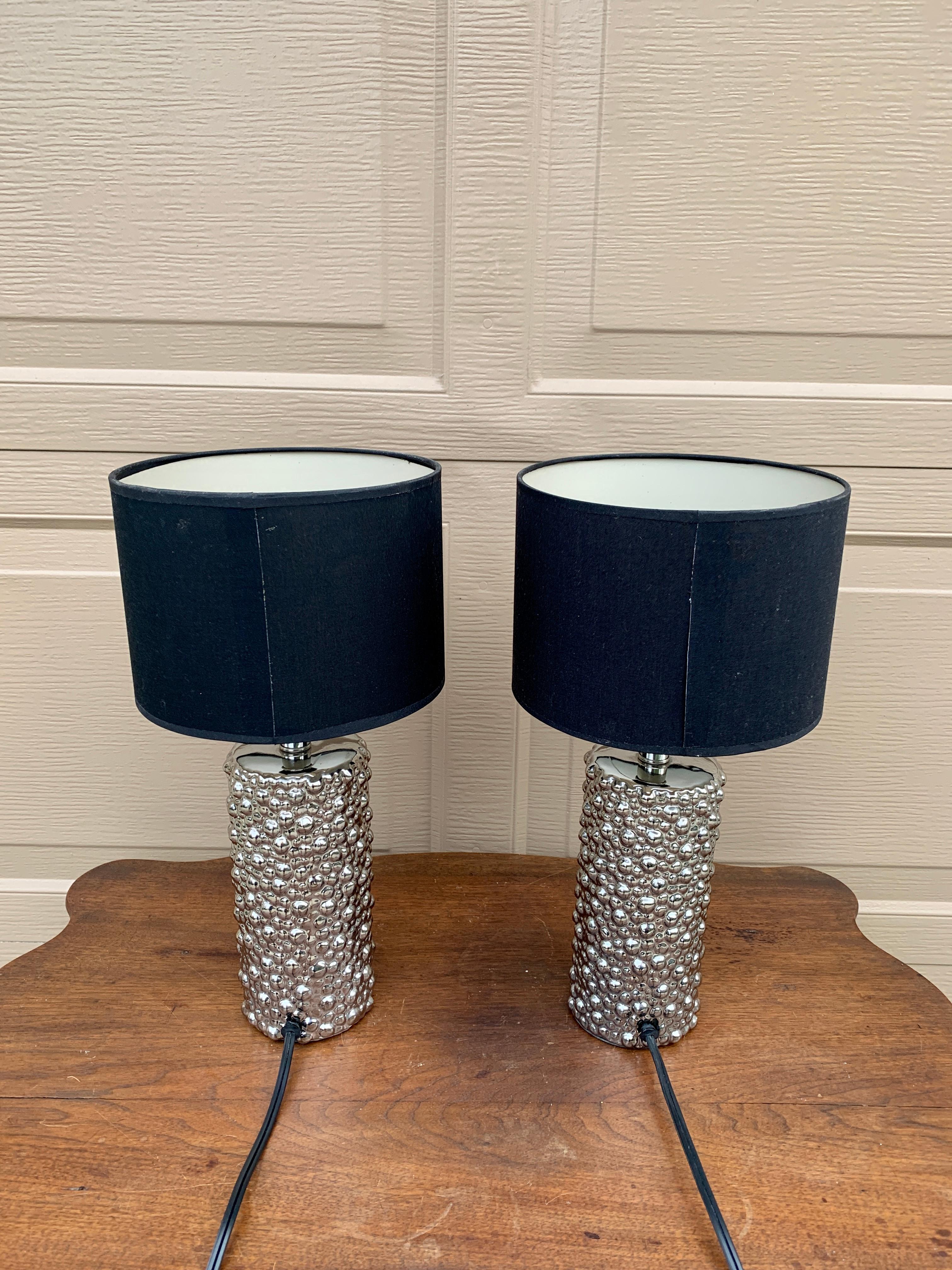 20th Century Contemporary Chrome Table Lamps with Black Drum Shades, Pair For Sale