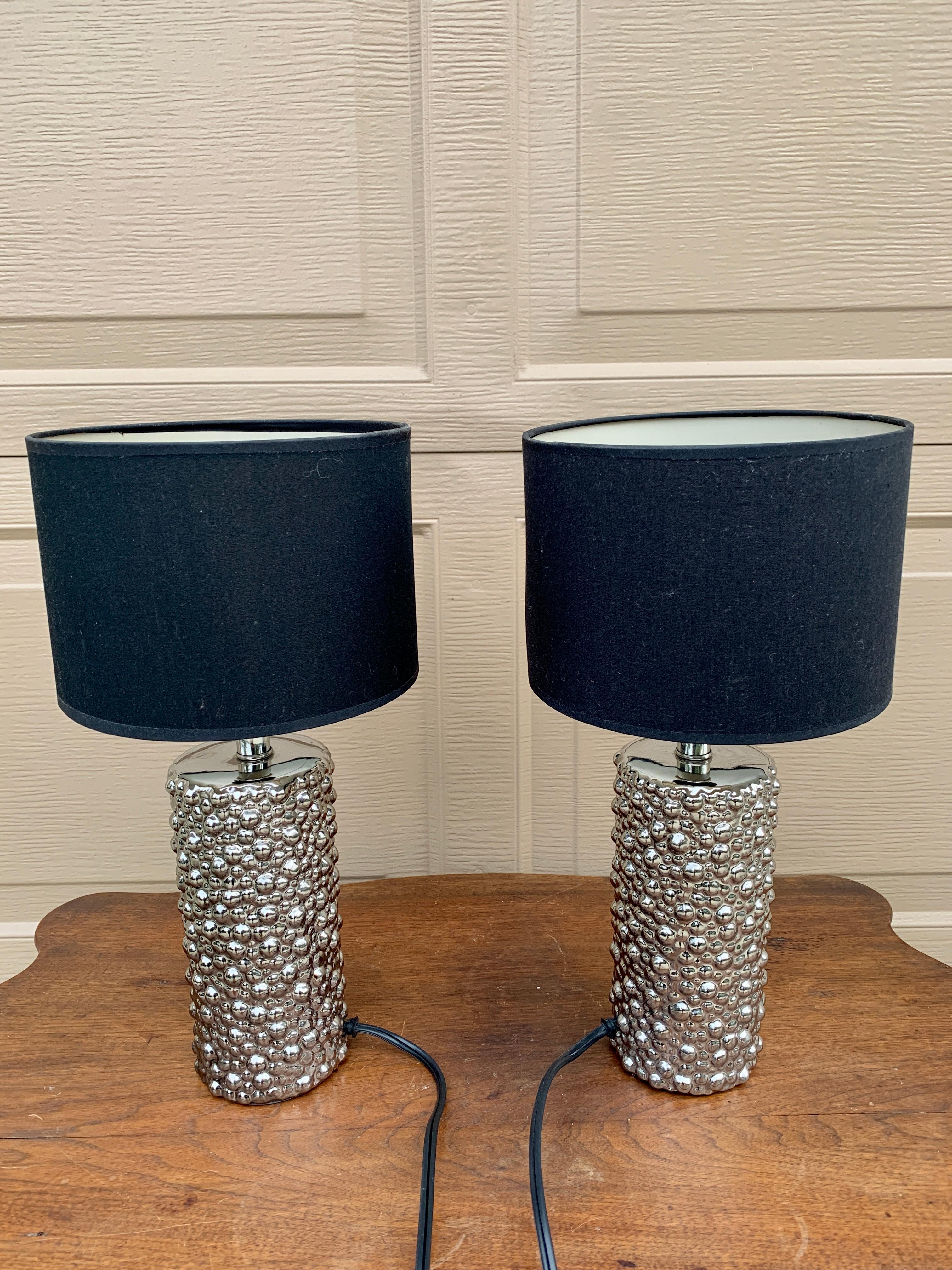 Contemporary Chrome Table Lamps with Black Drum Shades, Pair For Sale 1