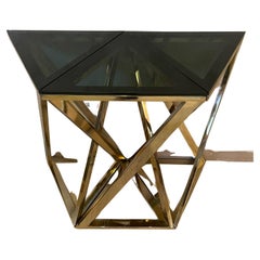 Contemporary Chromed Metal and Smoked Glass Triptych Console Table